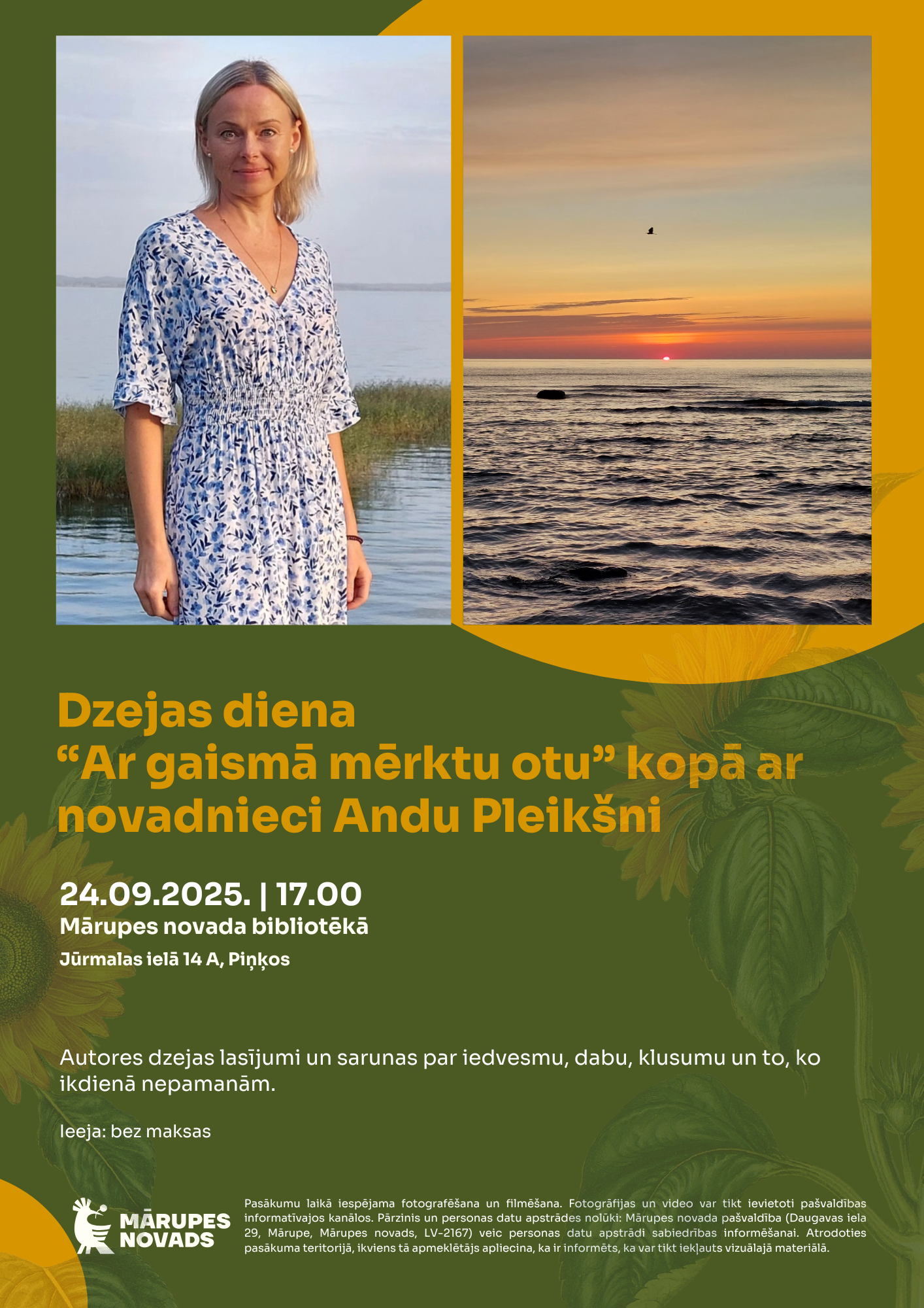 Krāsainas fotogrāfijas un ziedu fons ar tekstu par pasākumu bibliotēkā