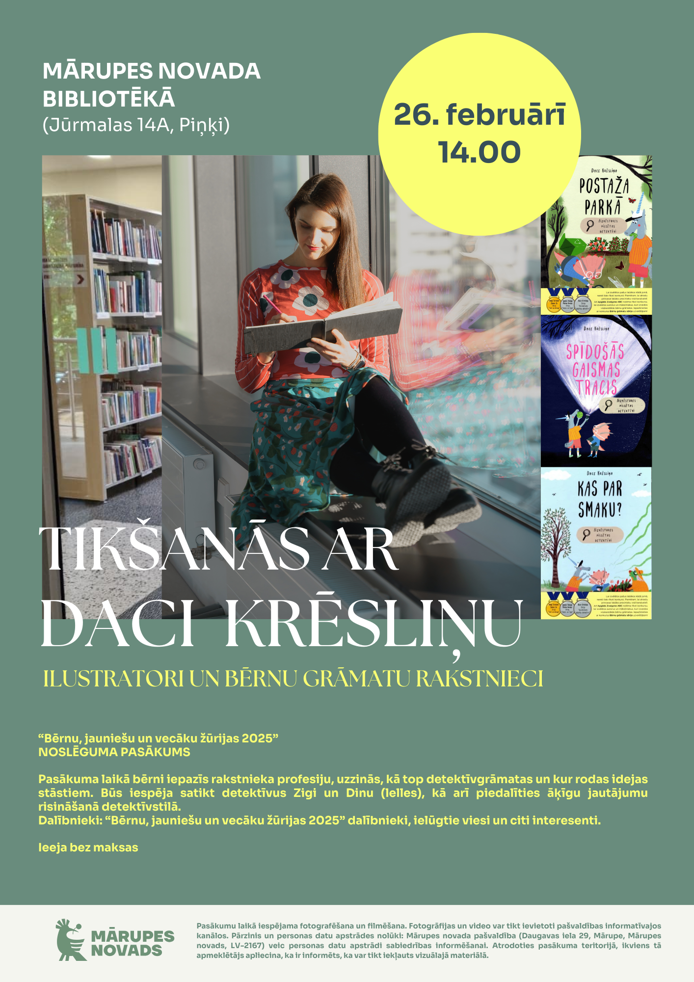 Zaļgans fons ar krāsainu foto un teksta grafiku par pasākumu bibliotēkā