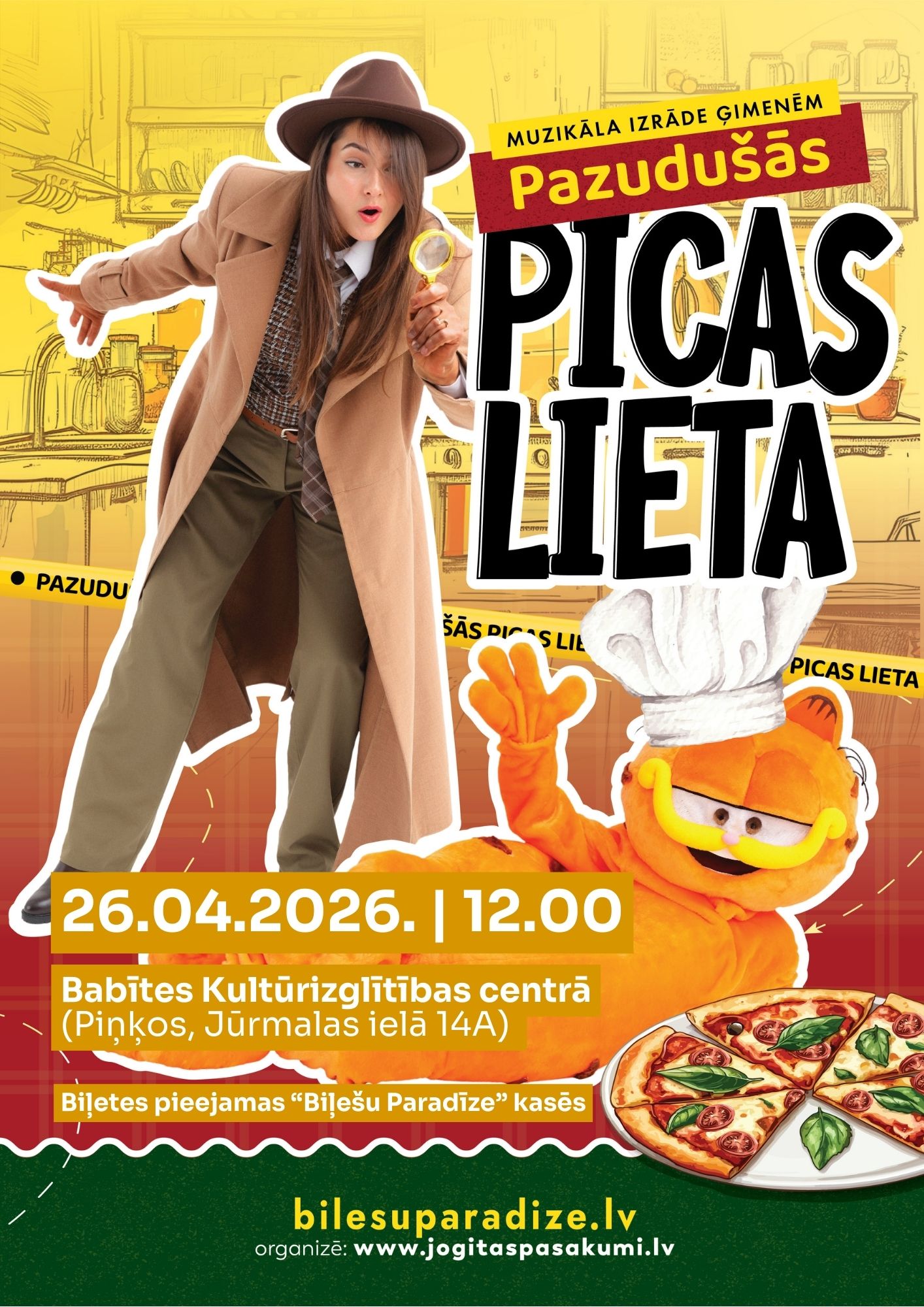 uz dzeltena fona, aktrise kā izmeklētāja un kaķis Garfilds ar picām. papildus info par izrādi