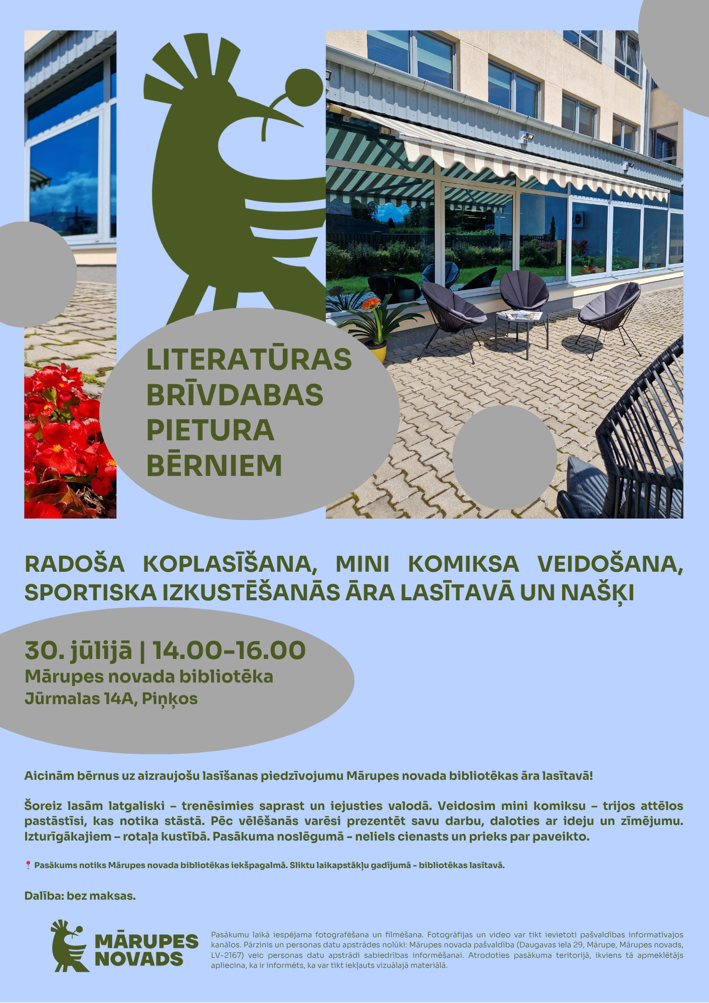 Gaiši zils fons un krāsaina teksta grafika ar foto par pasākumu bibliotēkā