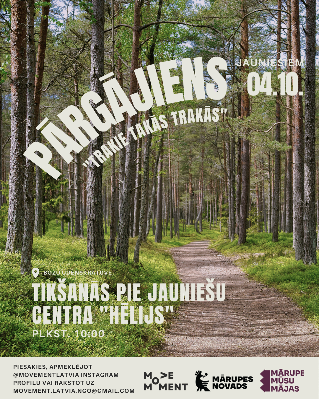 Meža fons ar teksta grafiku par pārgājienu jauniešiem