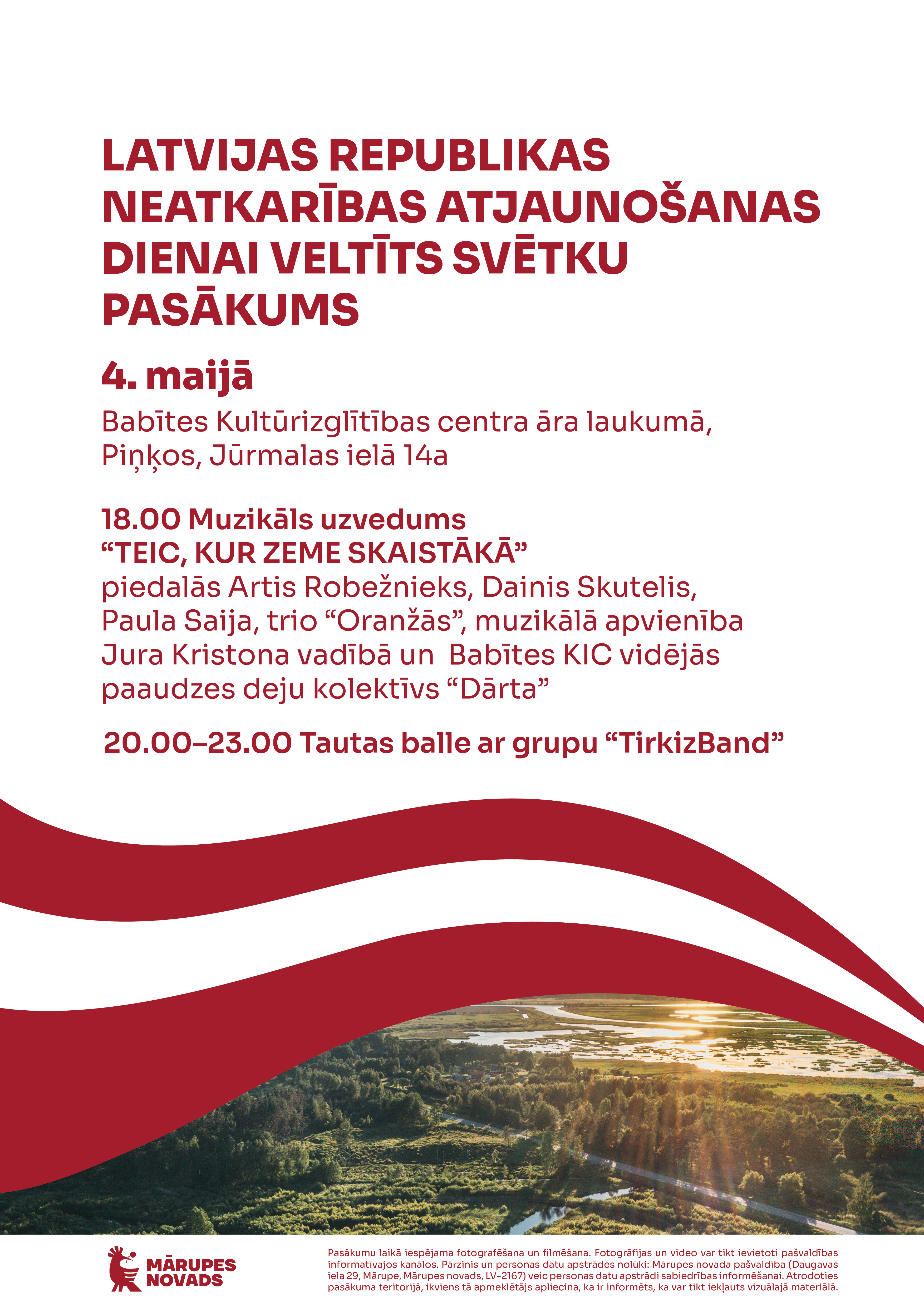 plakāts ar Latvijas karogu un svētku pasākuma programmu Piņķos