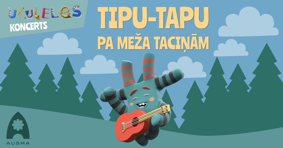 animēts tēls - dieziņš, uz meža fona, priecīgs spēlē ģitāru