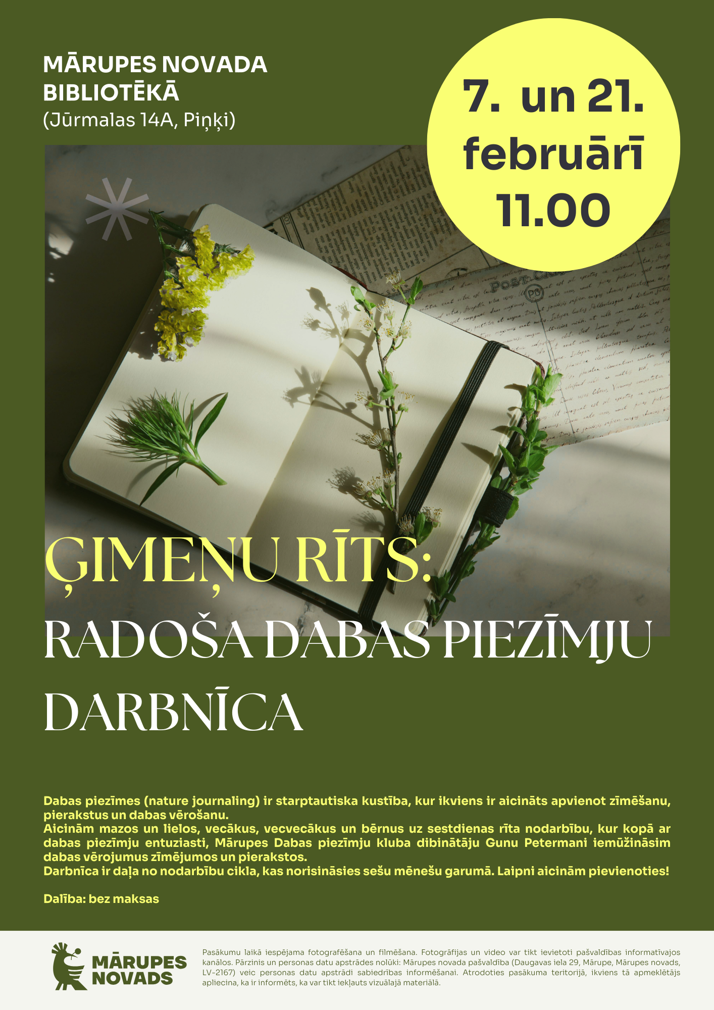 Zaļi dzeltens fons ar foto un teksta grafiku par pasākumu bibilotēkā