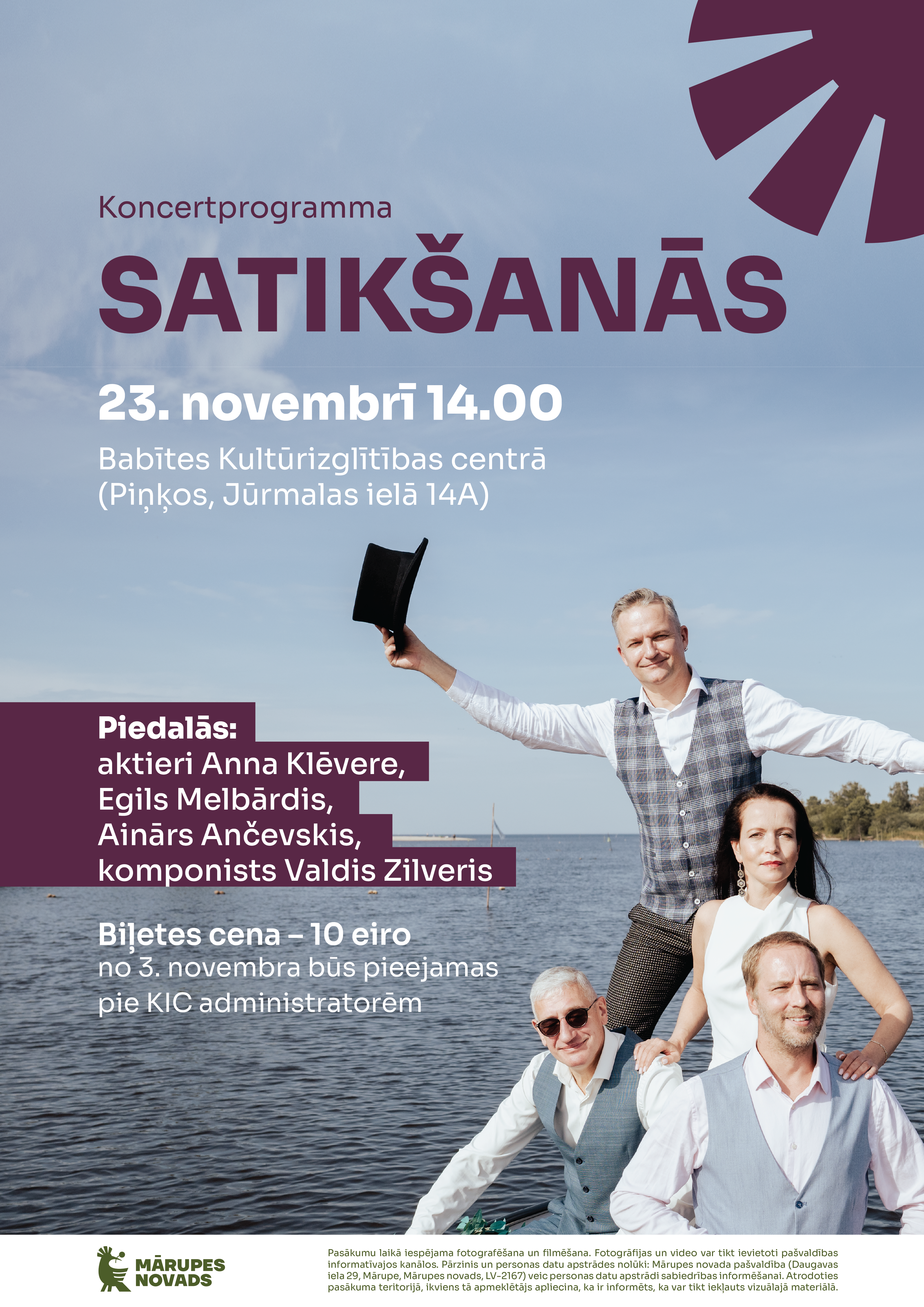 Foto ar ūdens ainavu un cilvēku portretiem, virsū teksts un krāsaina grafika