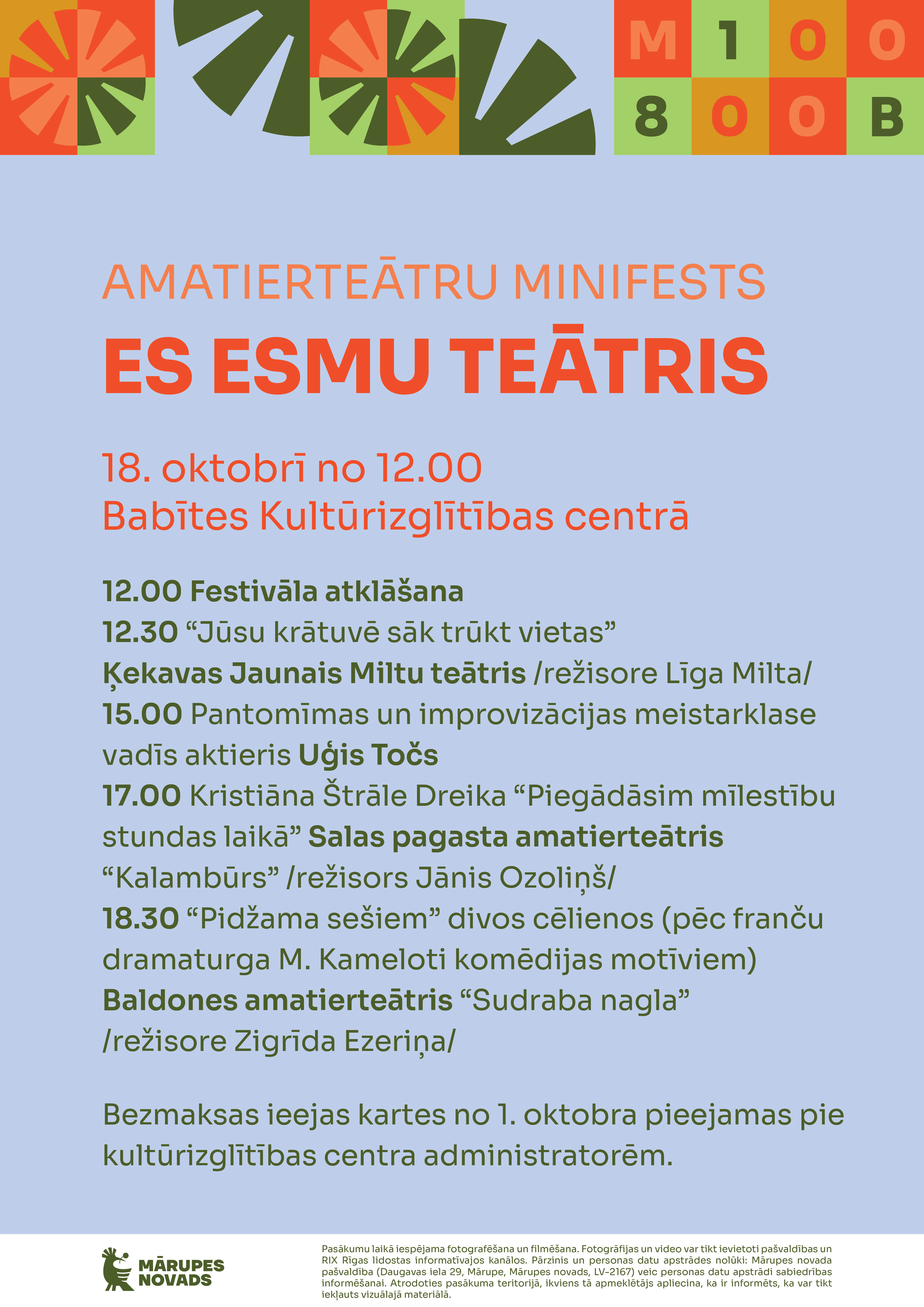 Gaiši zils fons ar tekstu un krāsainiem elementiem