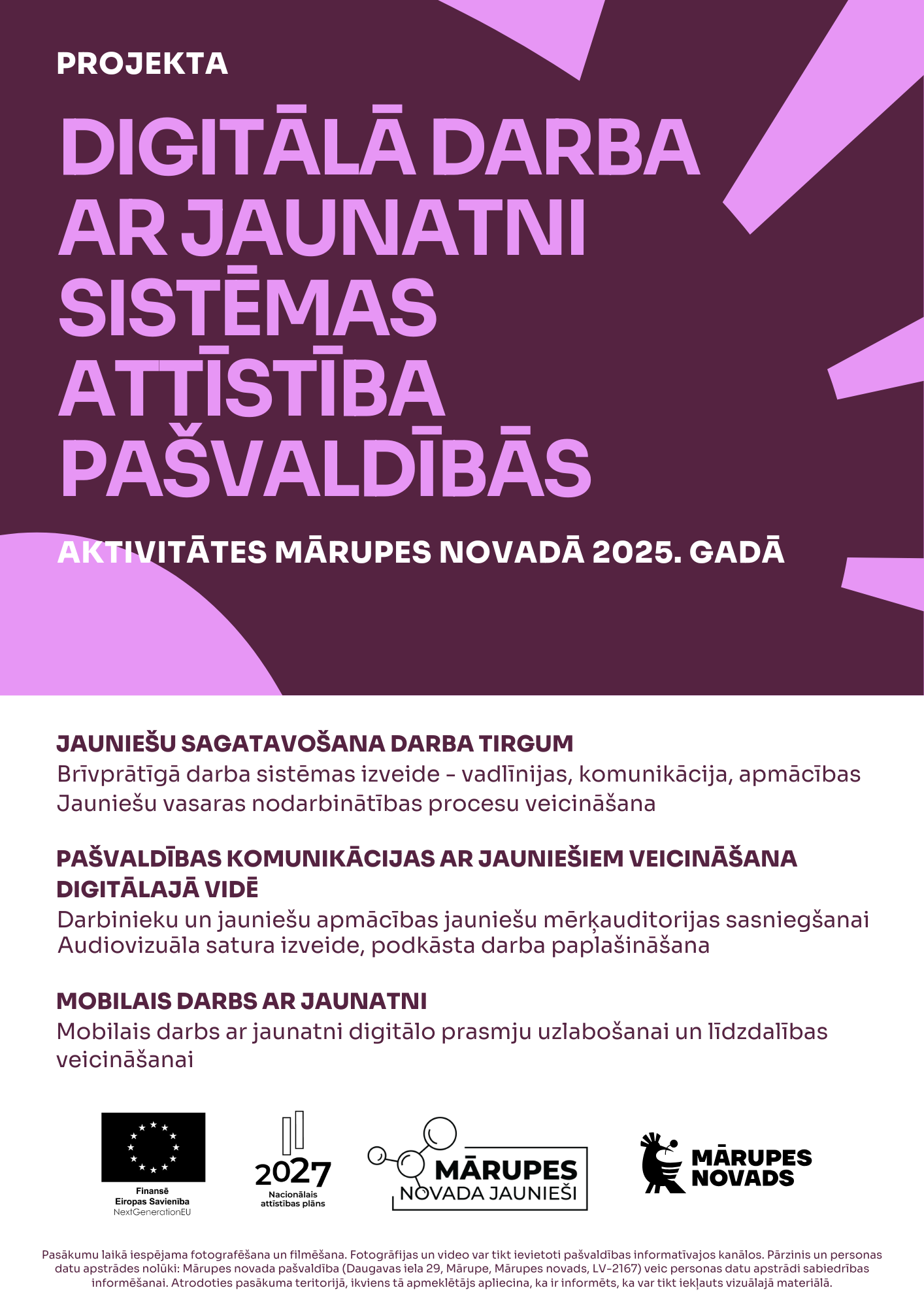 Violets fons ar baltiem elementiem, grafiku un tekstu par projektu jauniešiem