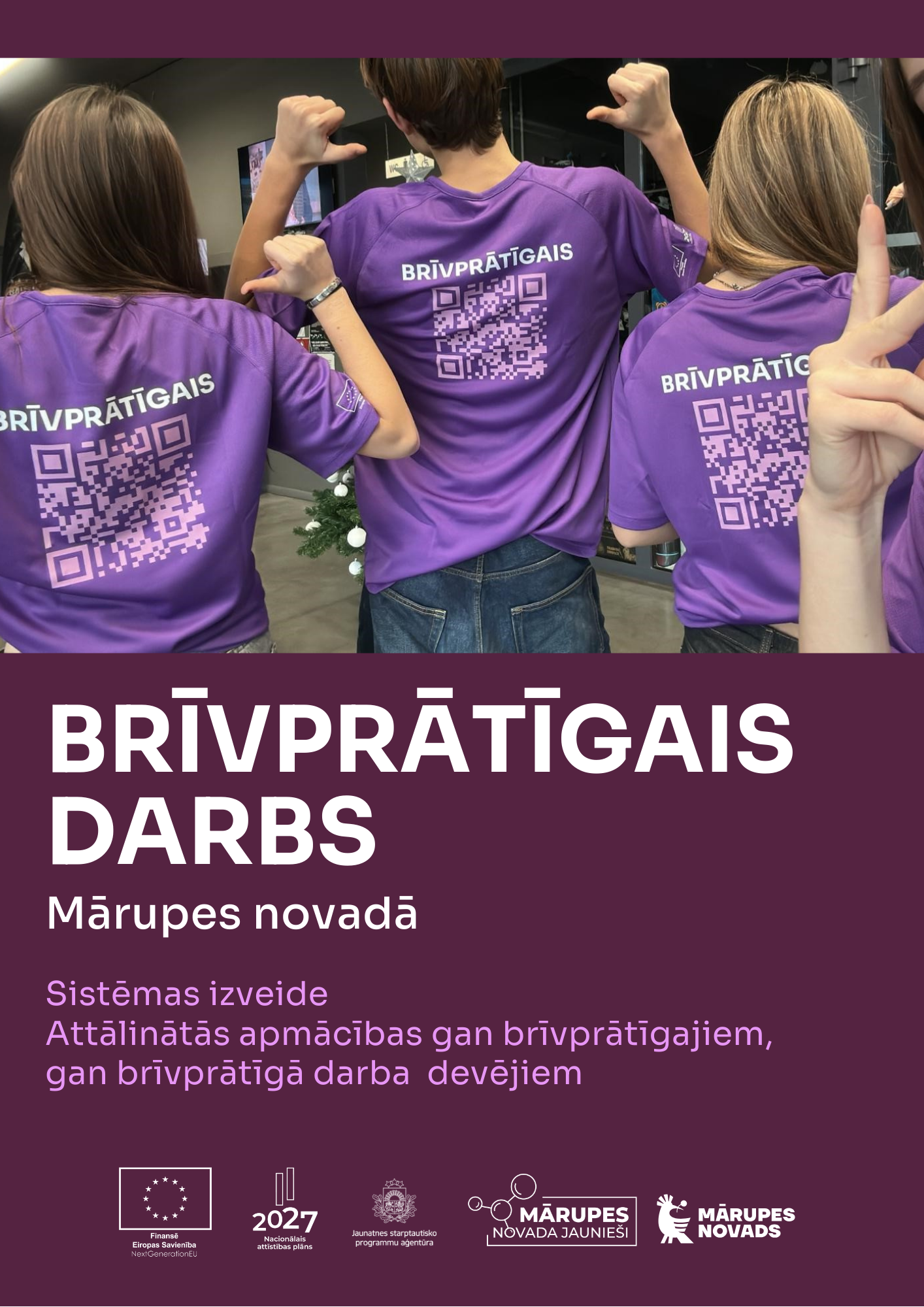 violets fons ar cilvēku siluetiem un tekstu par jauniešu pasākumu