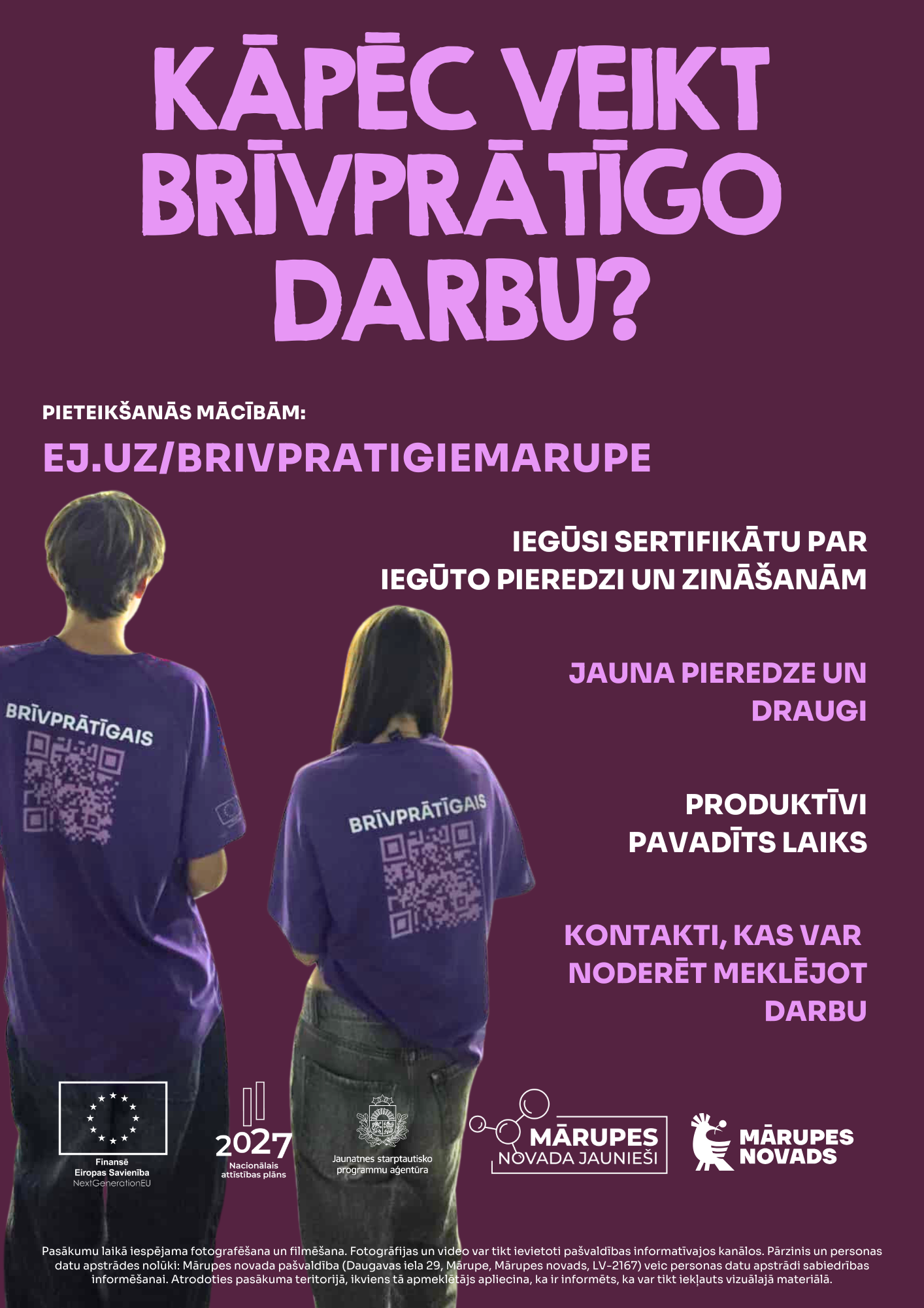 violets fons ar cilvēku siluetiem un tekstu par jauniešu pasākumu