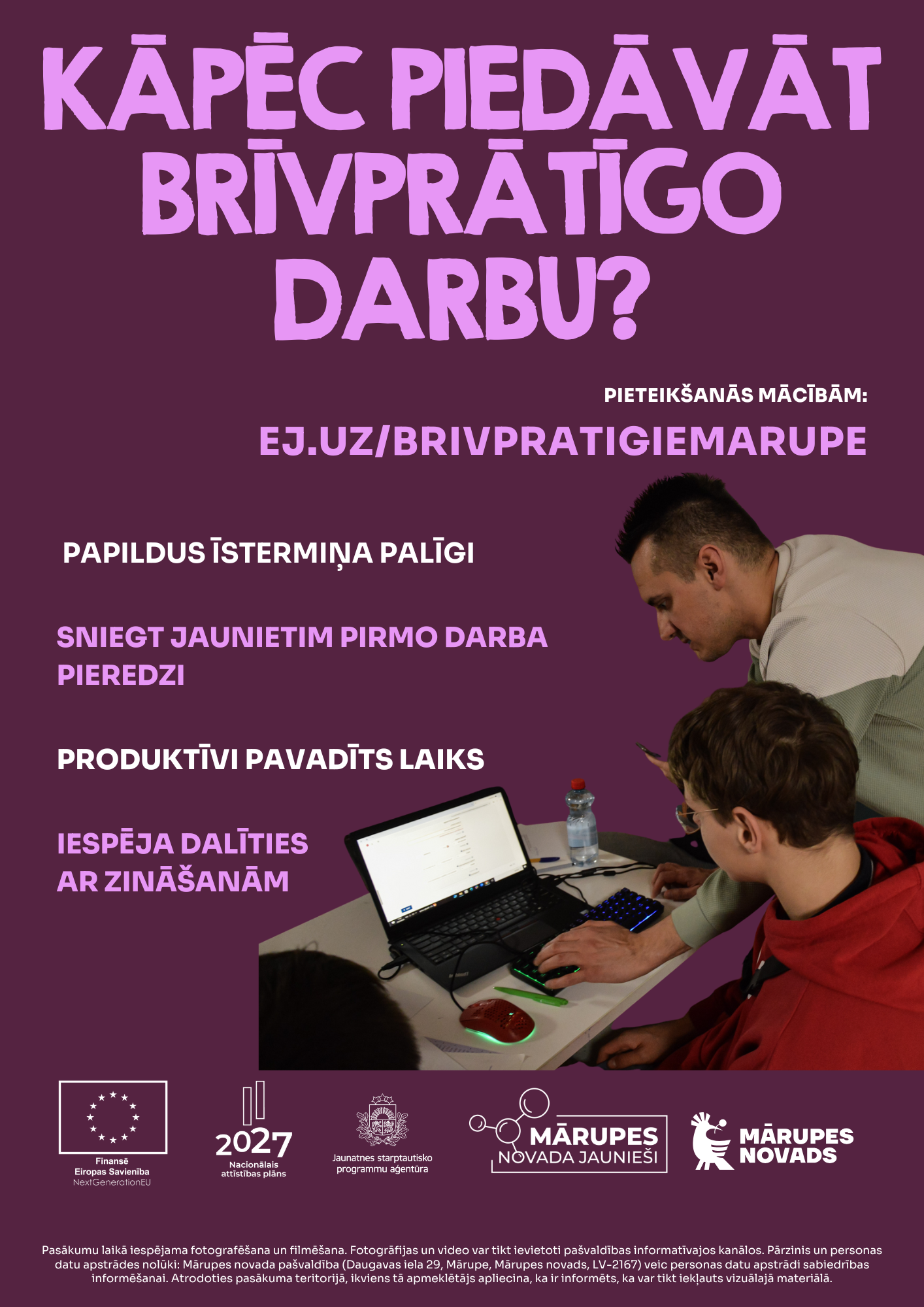 violets fons ar cilvēku siluetiem un tekstu par jauniešu pasākumu