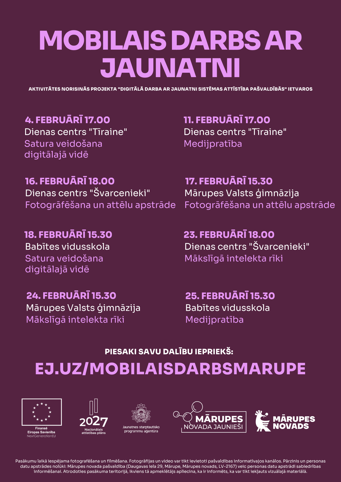 uz lillā fona tekstuāls info par nodarbību laikiem