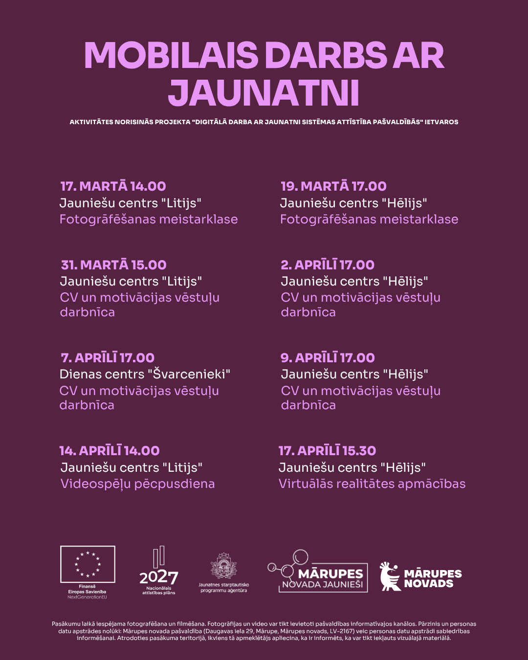 uz lillā fona tekstuāls info par nodarbību laikiem