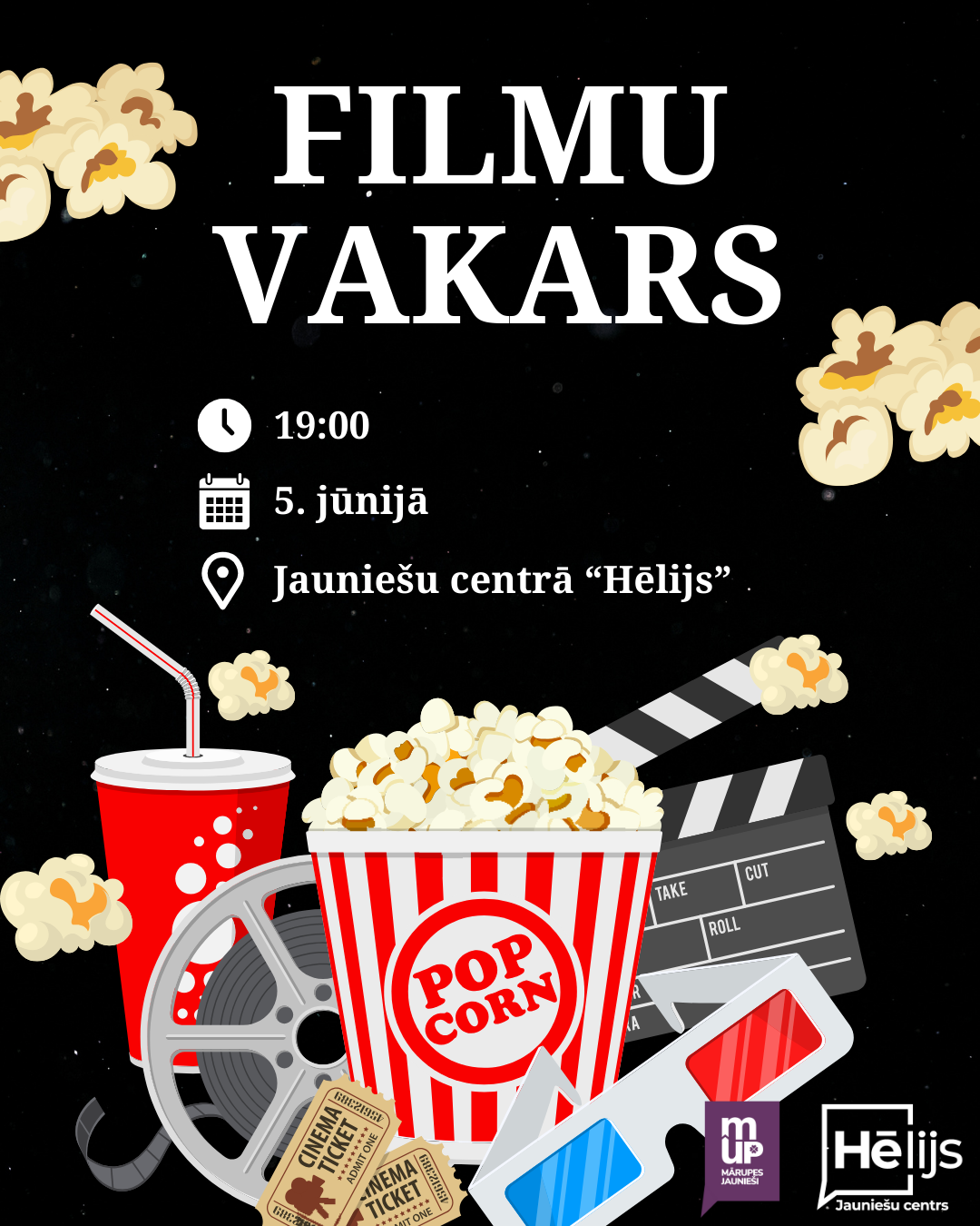 Melns fons ar krāsainu kino grafiku un tekstu par filmu