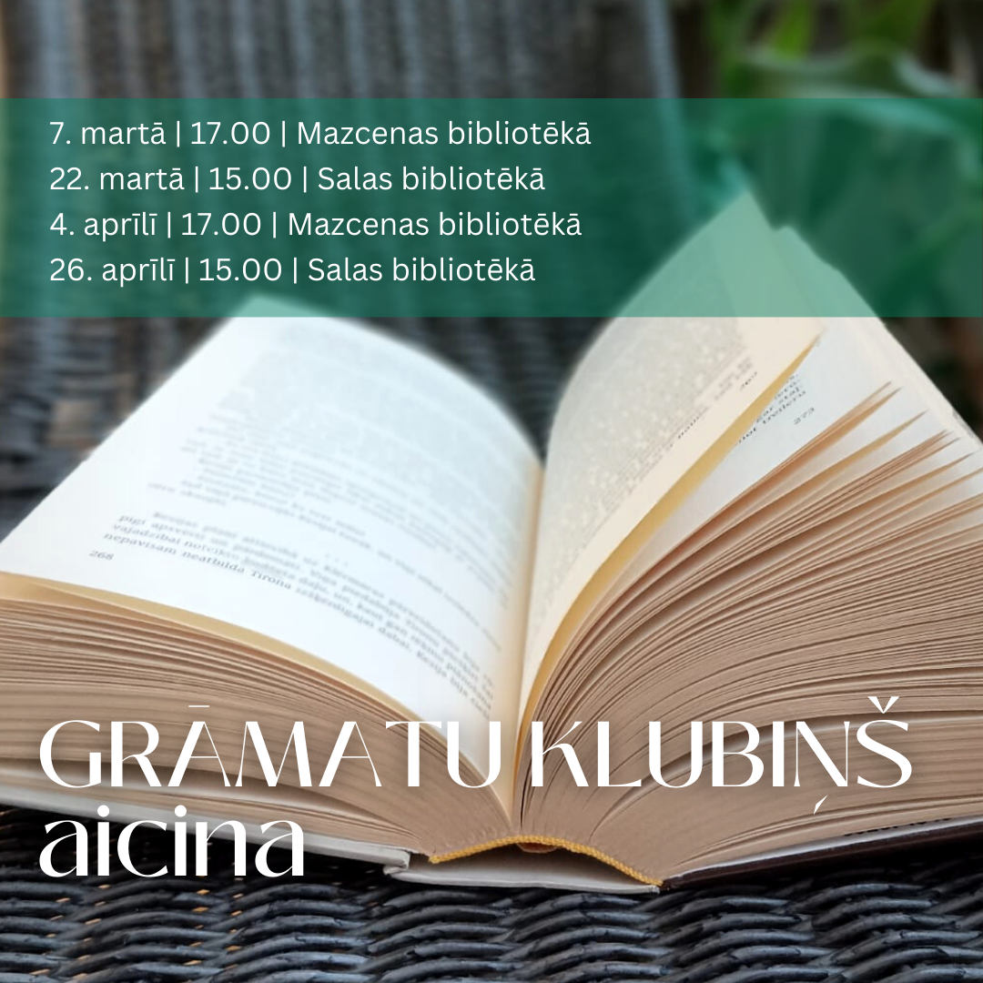 Atvērta grāmata, uz kuras uzrakstīts teksts par grāmatu klubiņa biedru tikšanās reizēm Mārupes novada bibliotēkās.