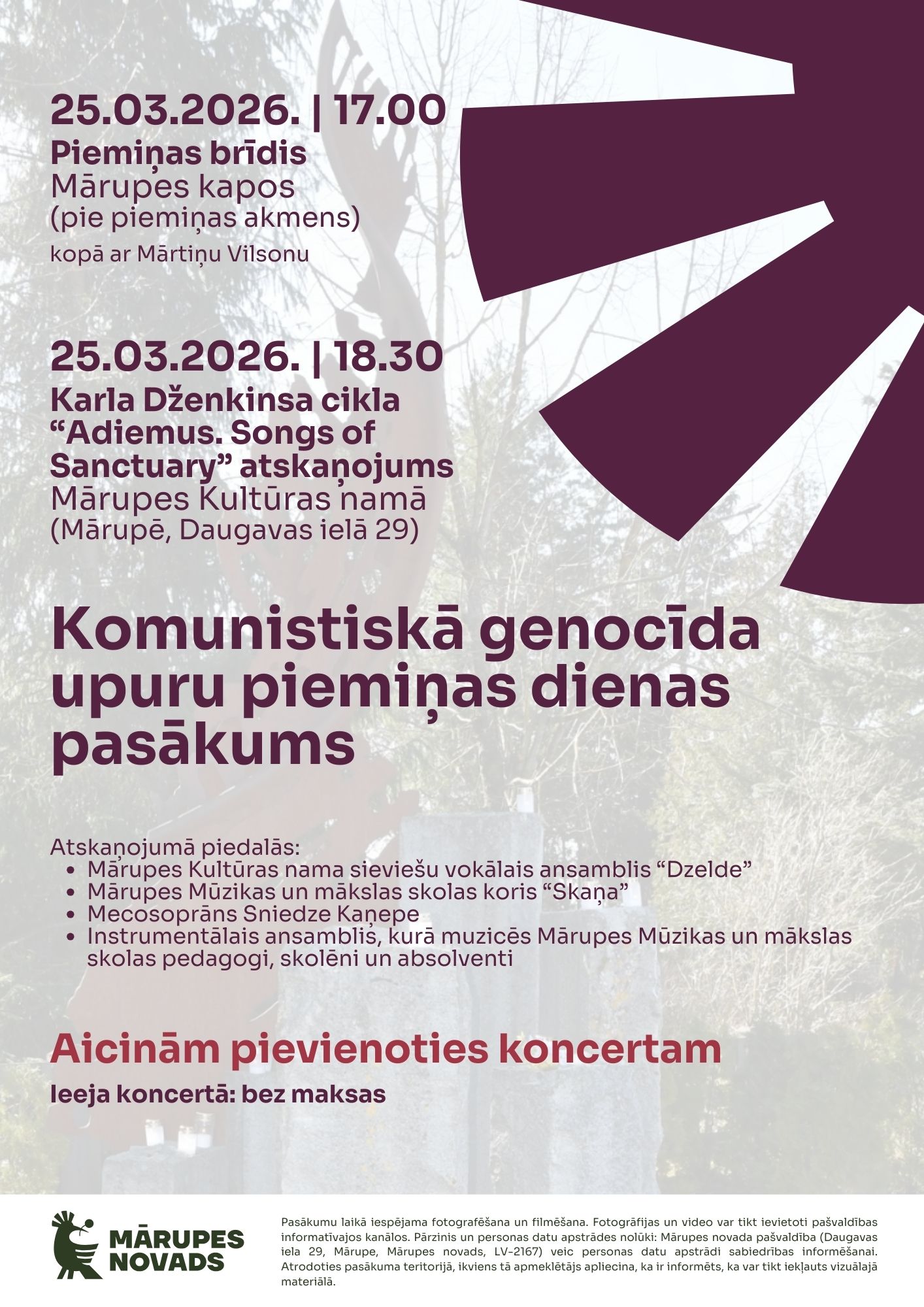 uz gaiša fona, kur redzams piemiņas akmens, informācija ar tumšiem burtiem par pasākumu 25.martā