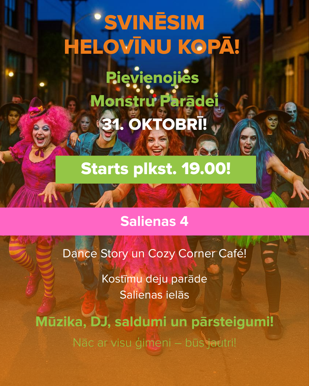 Krāsains Halovīna pasākuma baneris ar tērpiem un tekstu