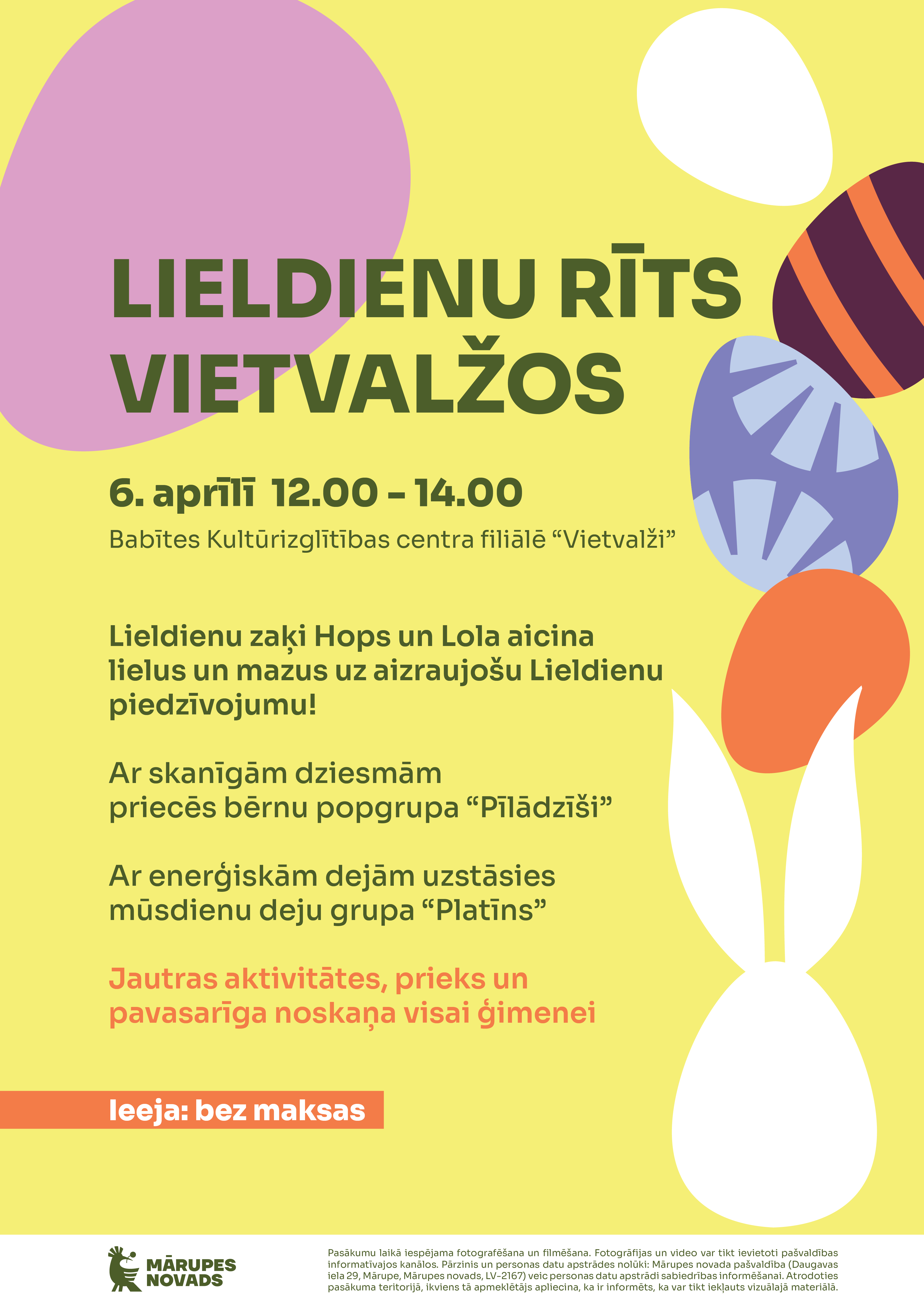 uz dzeltena fona, informācija par Lieldienu pasākumu