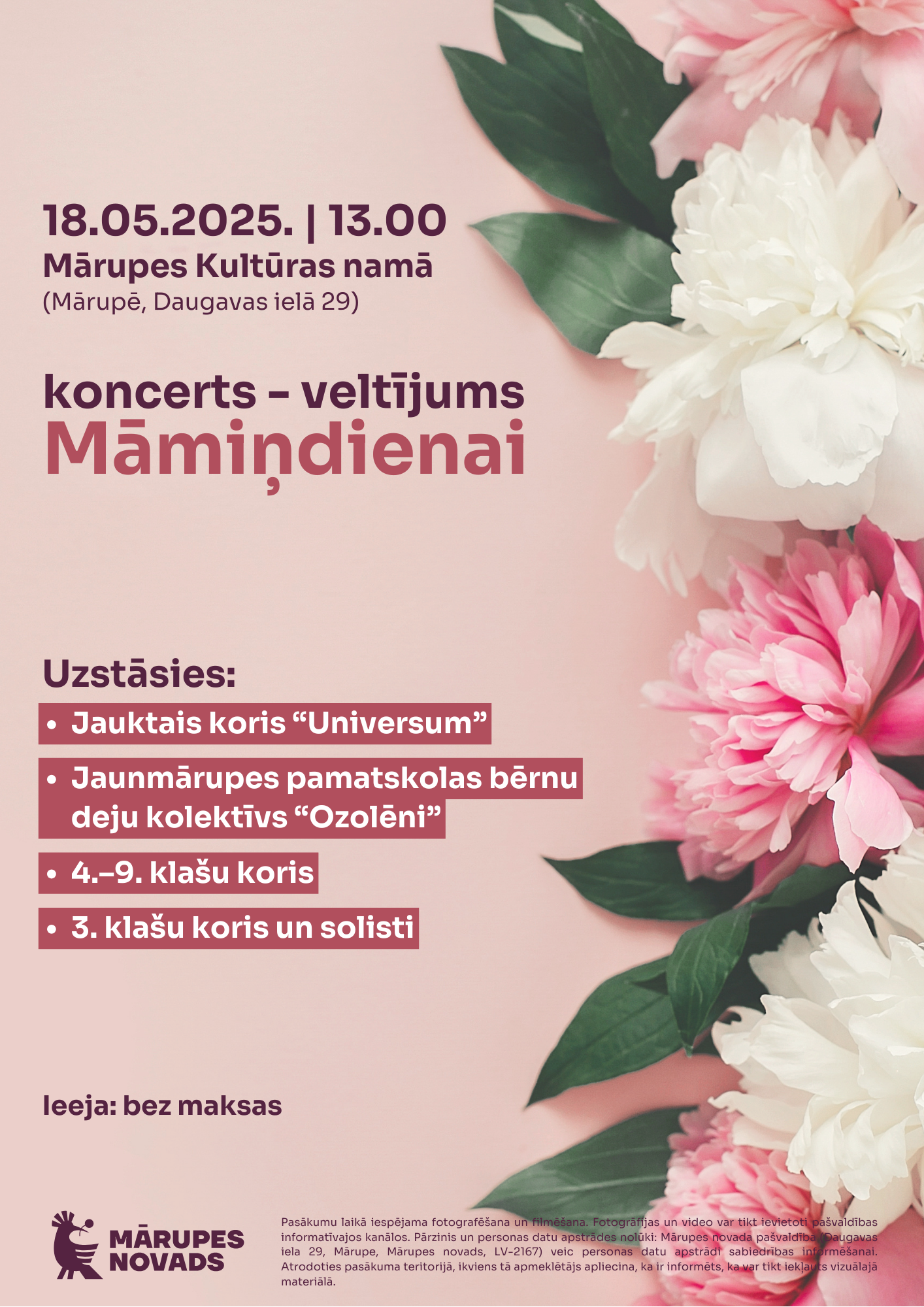 Rozā ziedu fons un teksts par koncertu
