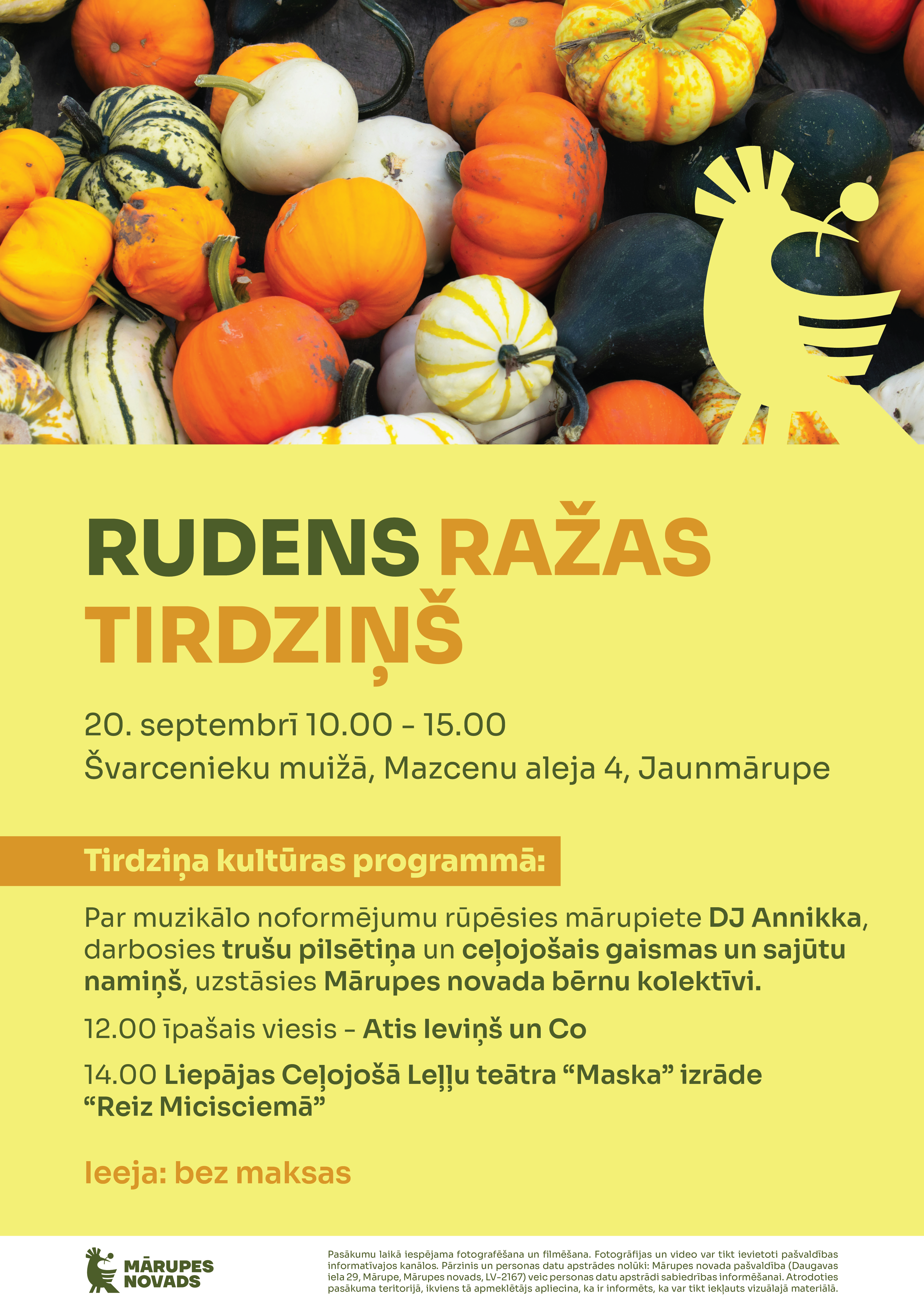 Koši dzeltens fons ar ķirbjiem un tekstu par tirdziņu