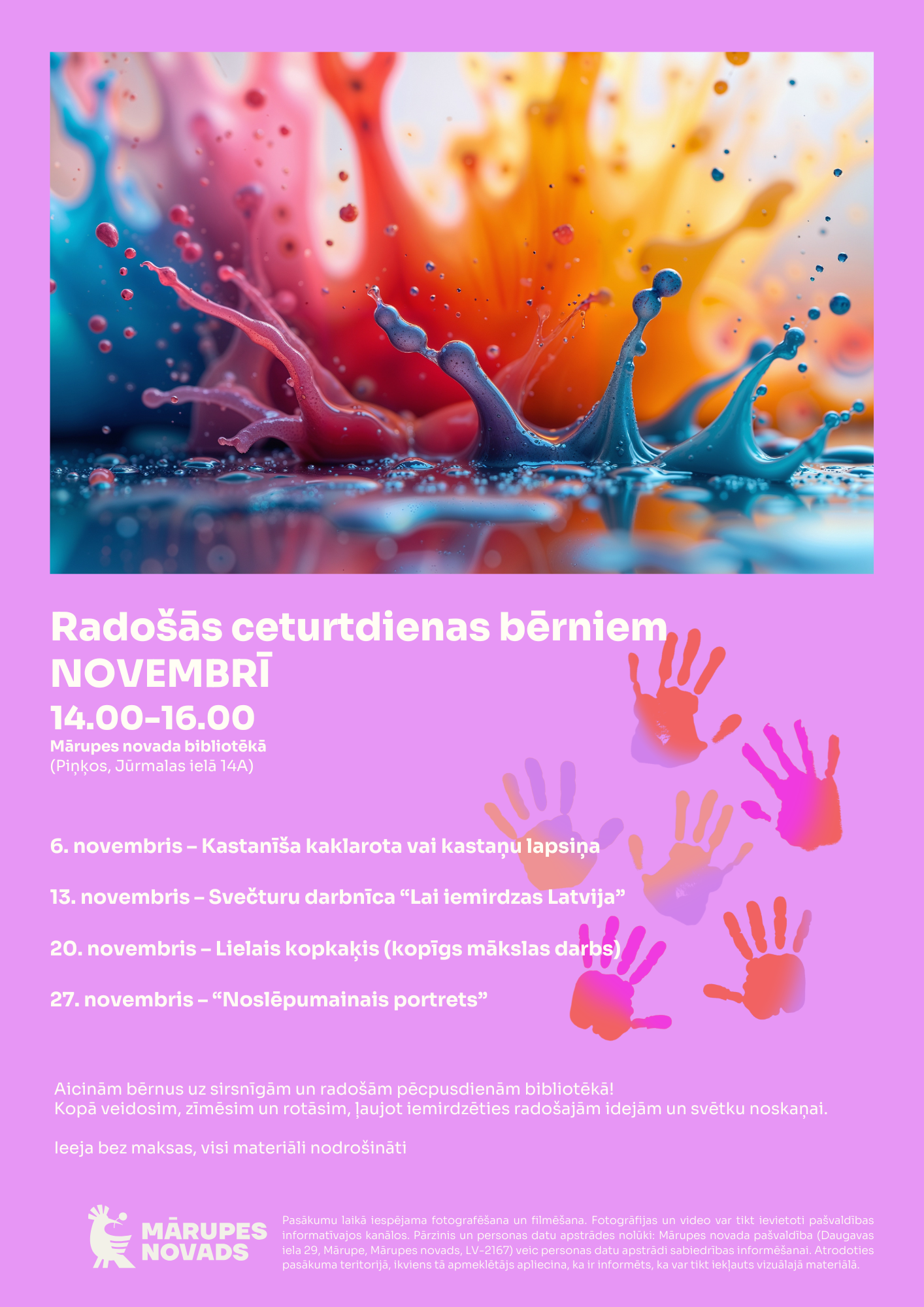 Koši rozā fons ar krāsainu grafiku un tekstu par darbnīcām bērniem