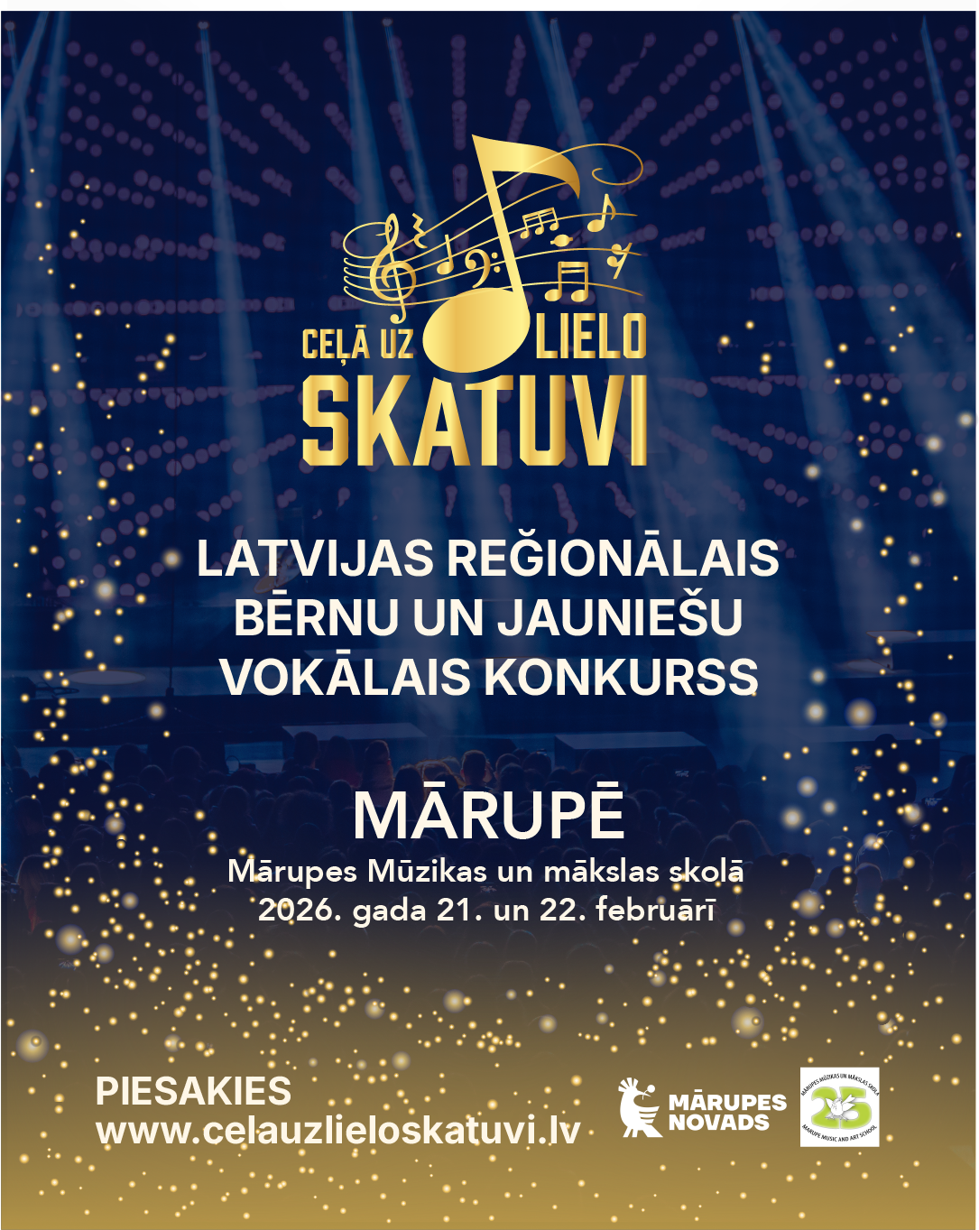 tumši zils fons ar krāsainu elementu grafiku un tekstu