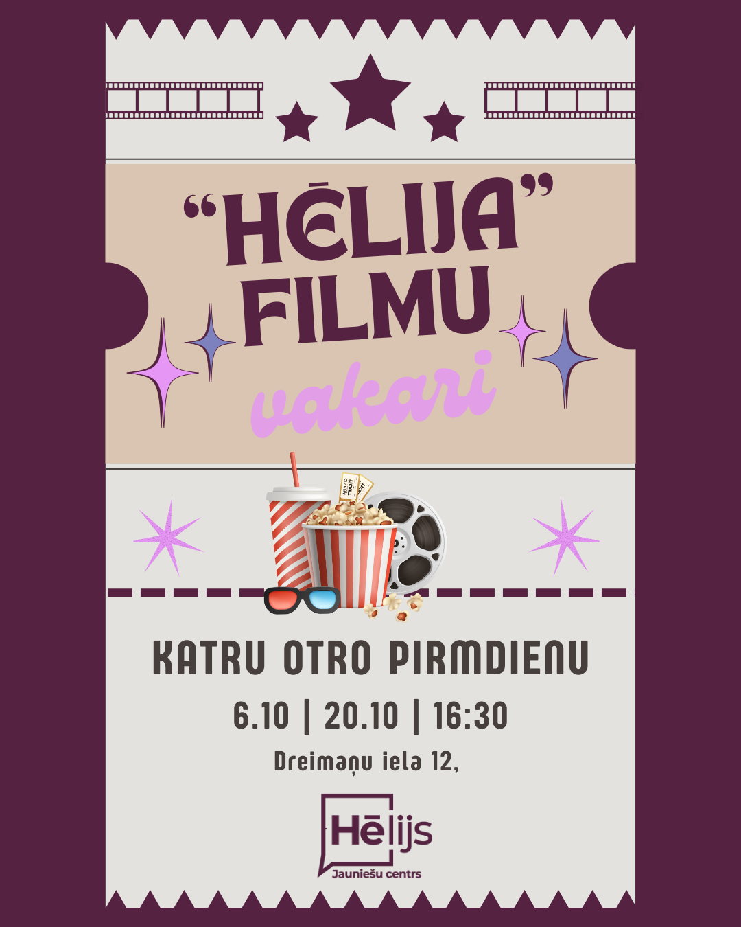 Violets fons ar kino elementu grafiku un tekstu par filmu