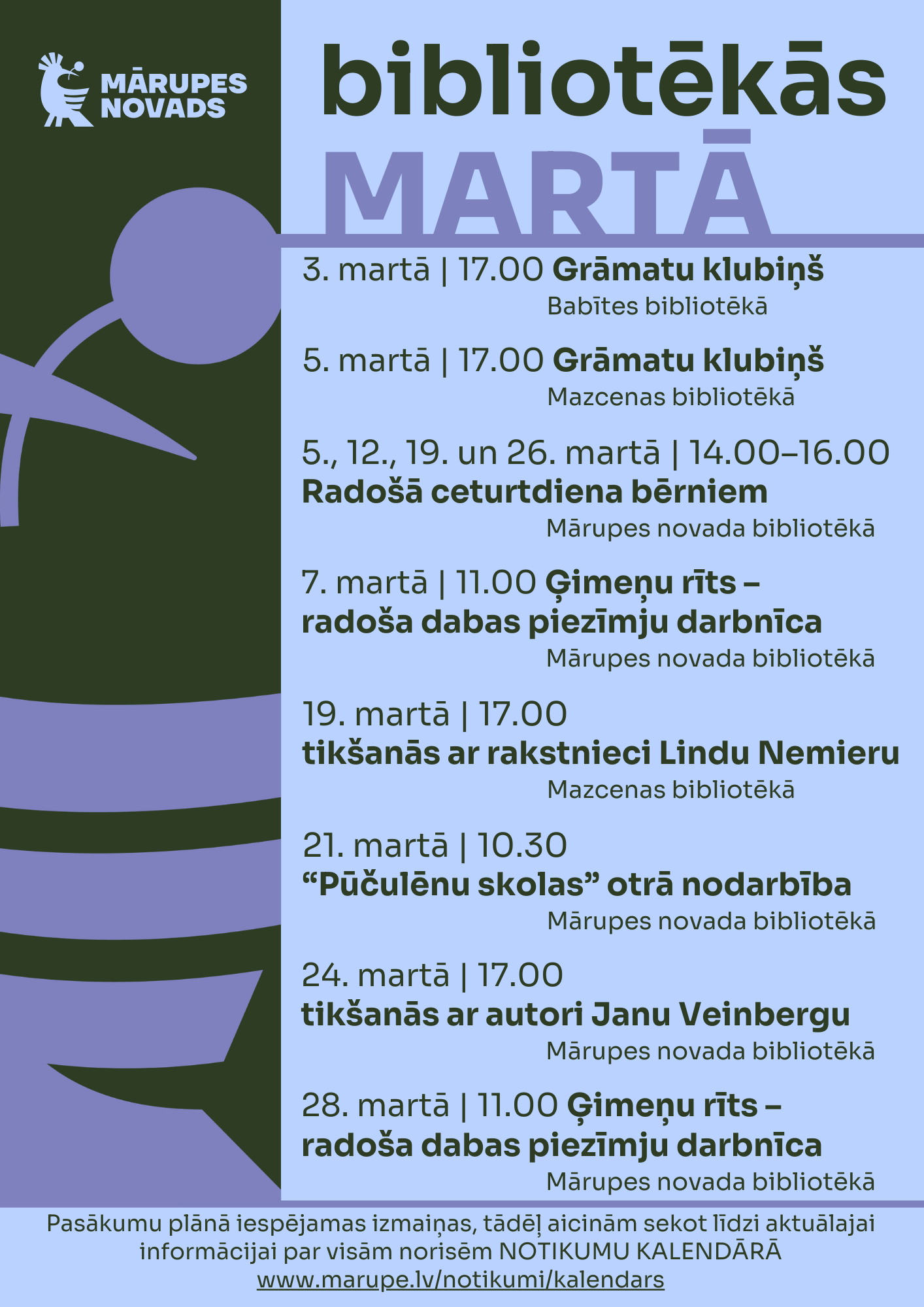 uz tumši zaļa un zila fona tekstuāla informācija par pasākumiem bibliotēkā