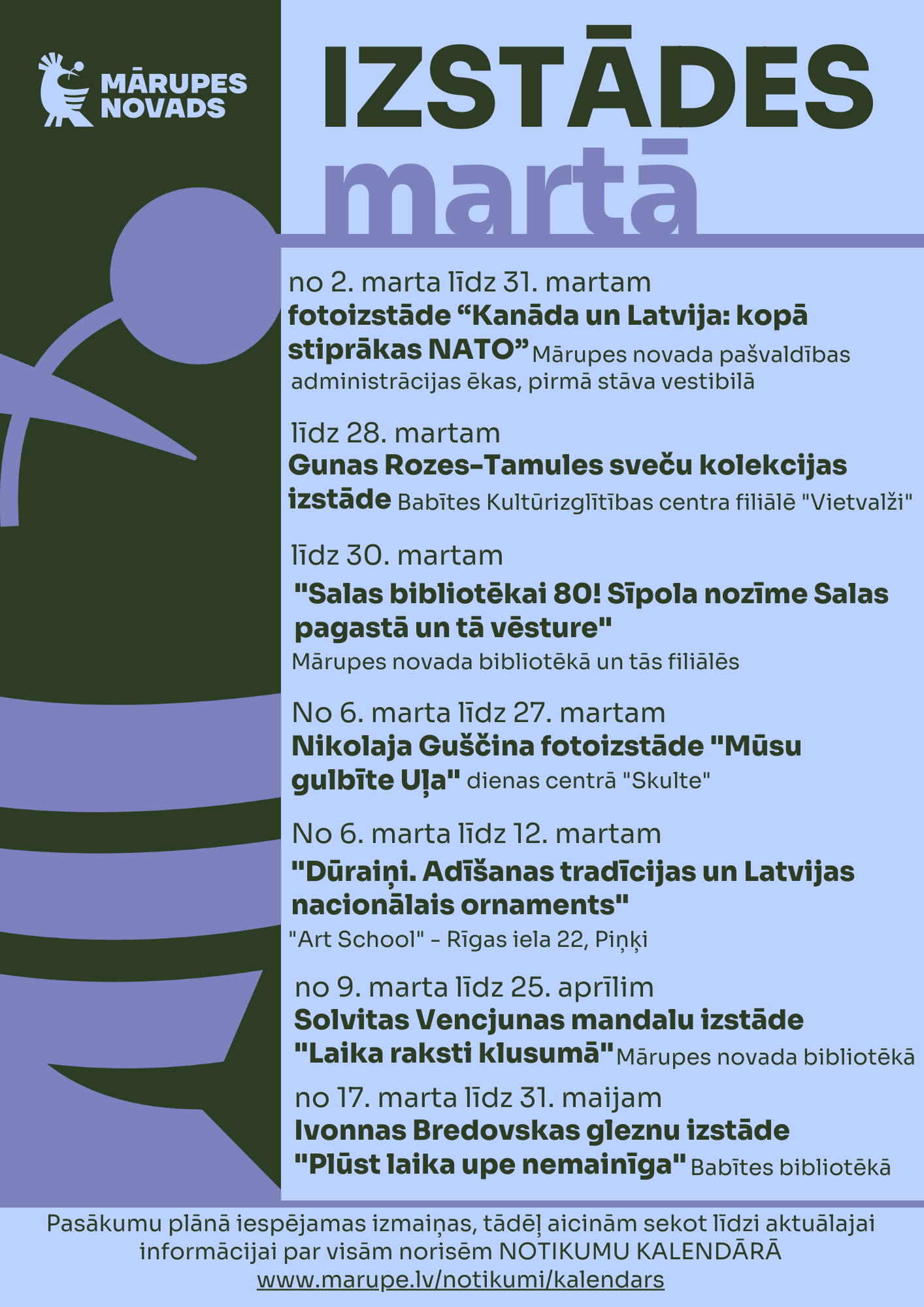 uz zila un tumši zaļa fona, tekstuāla informācija par izstādēm