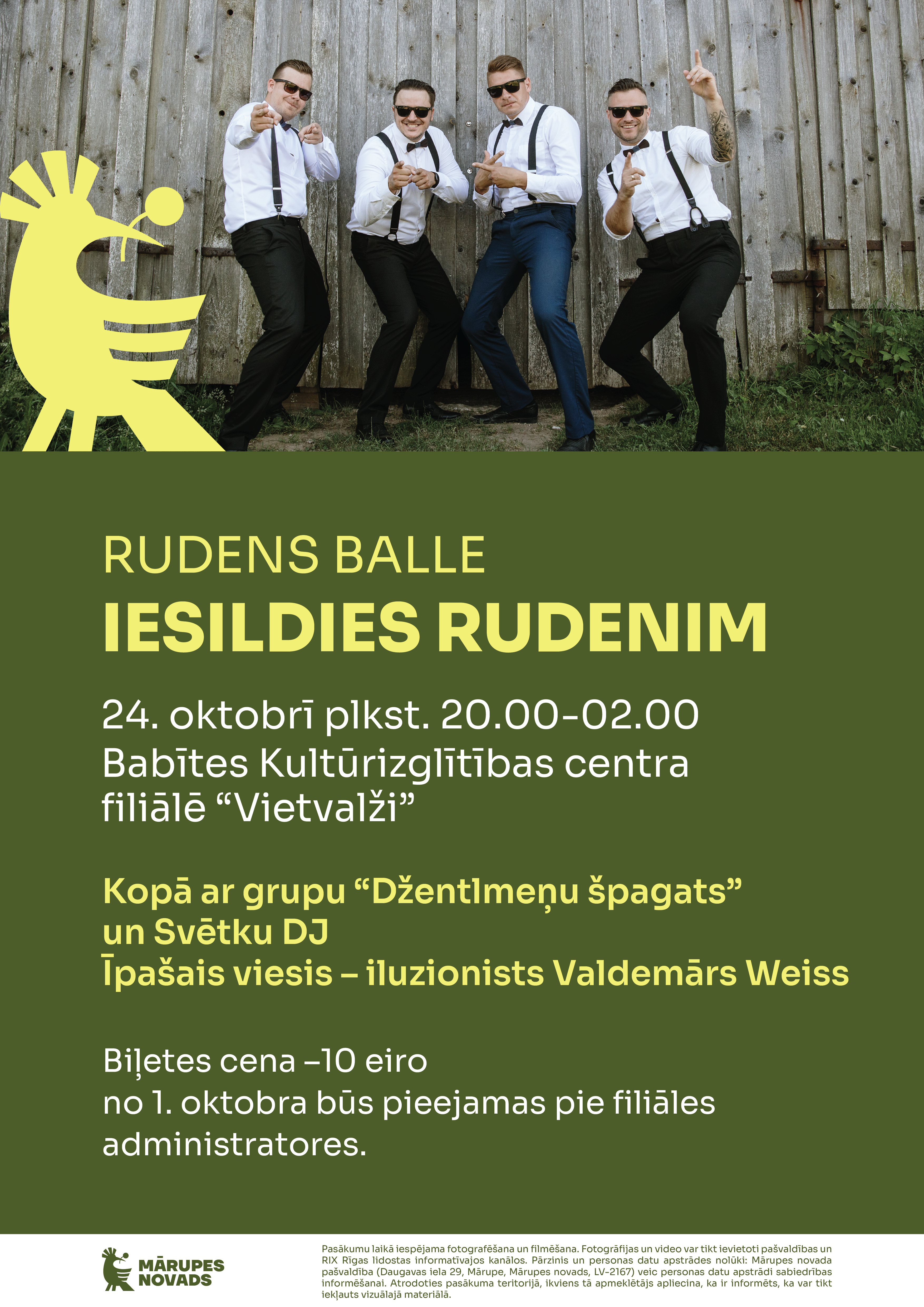 Zaļš fons ar balti dzeltenu teksta grafiku par balli un grupas foto 
