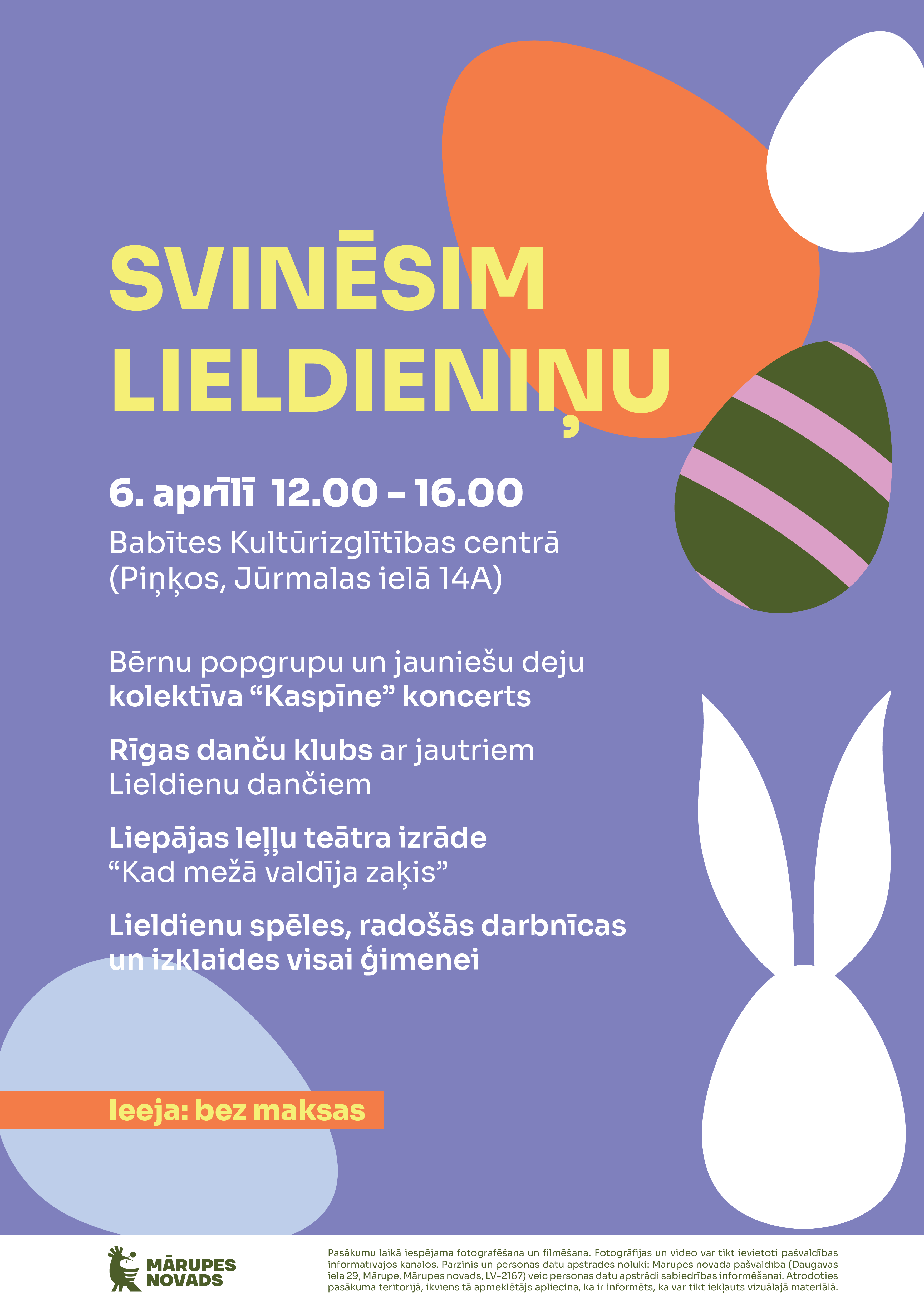 uz zila fona krāsainas olas un info par Lieldienām