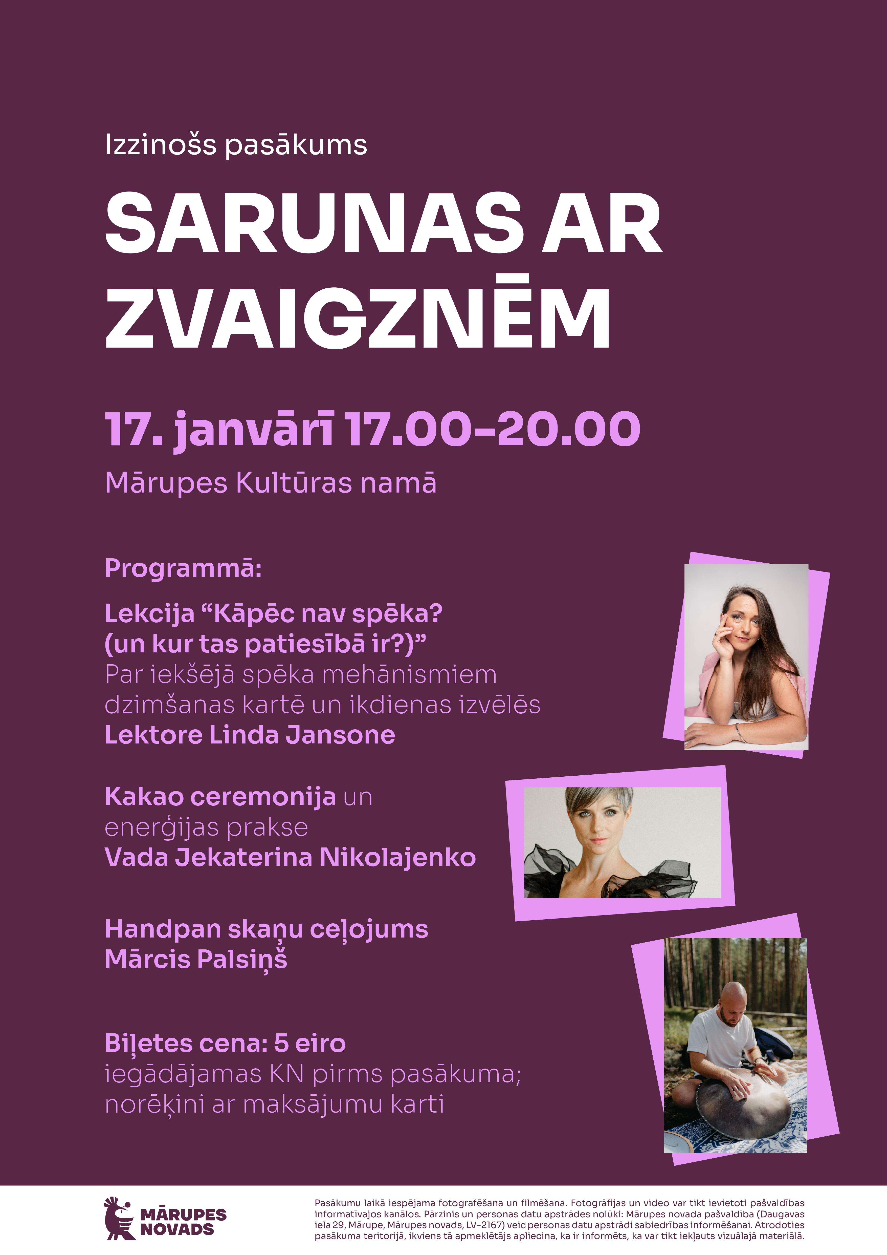 Violets fons ar krāsainu grafiku un tekstu par pasākumu