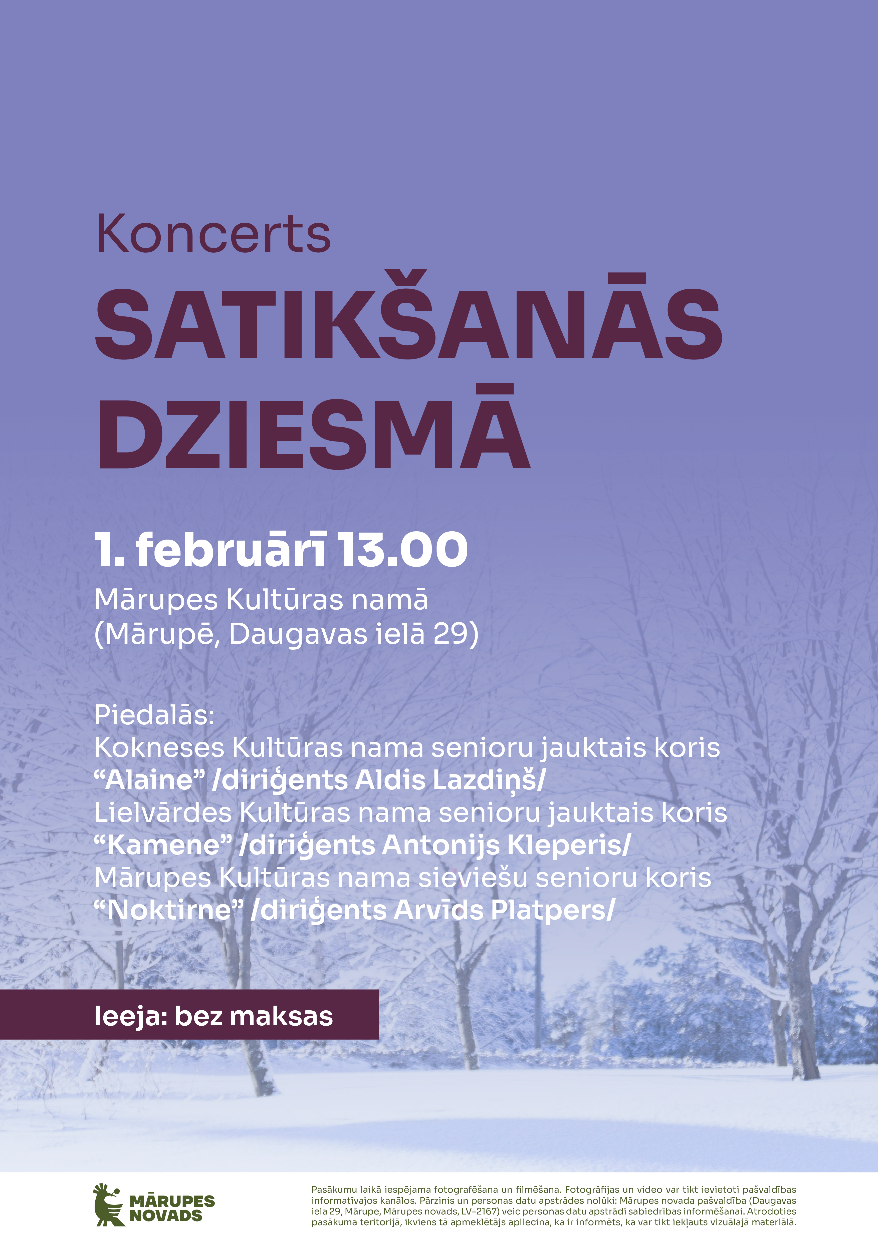 zilgani violets fons ar baltu teksta grafiku par pasākumu