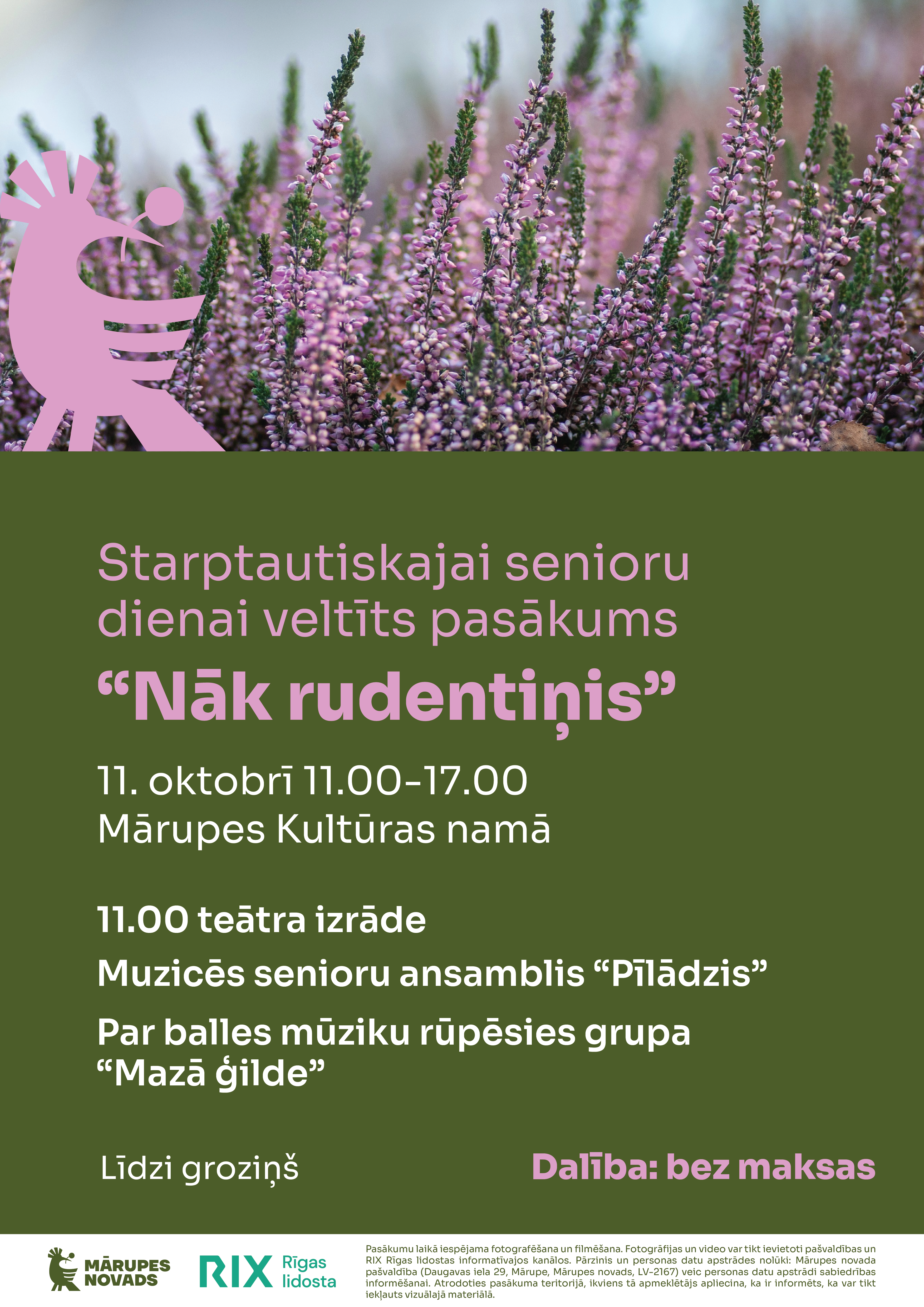 Zaļš fons ar viršu foto un tekstu par pasākumu senioriem.