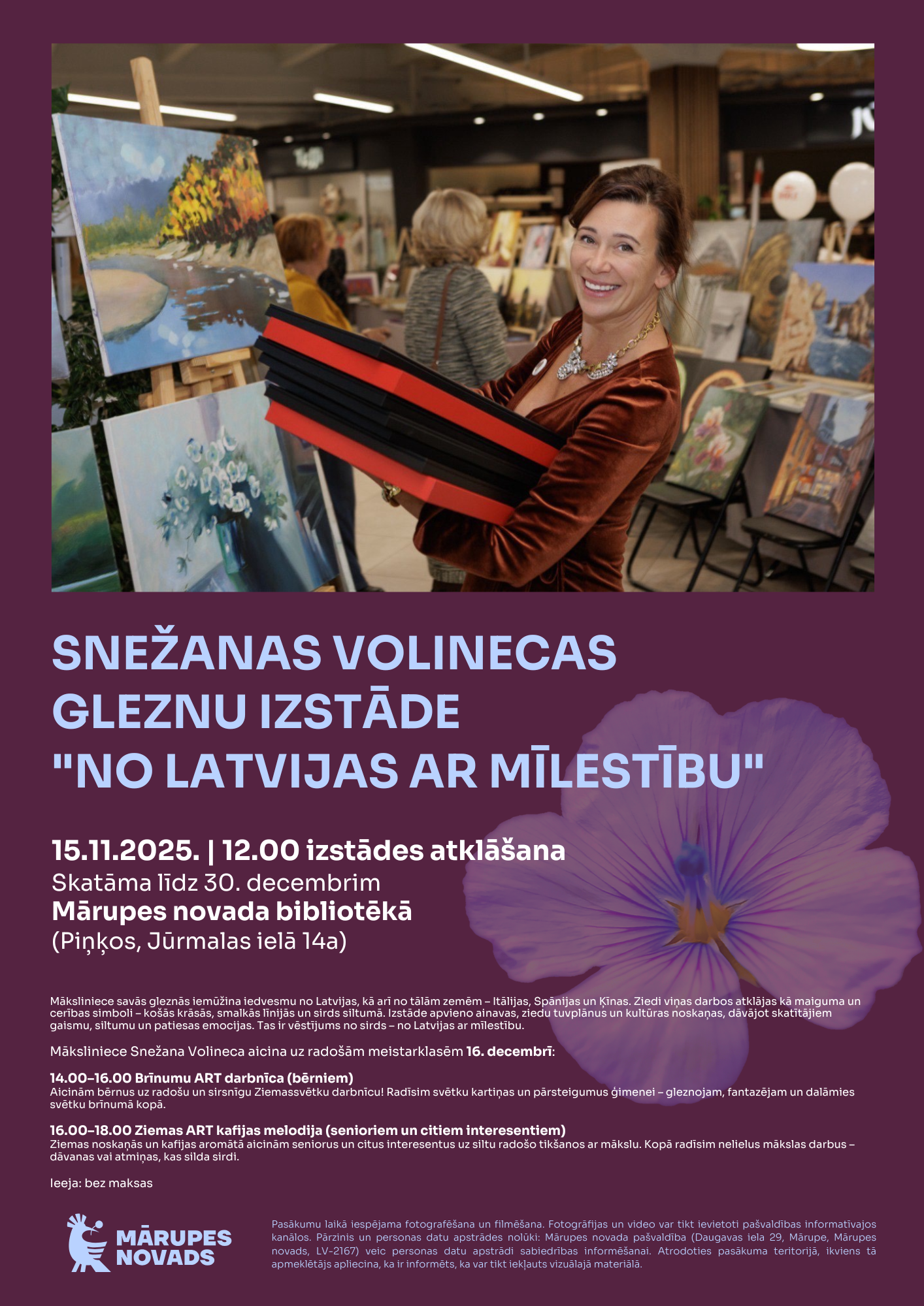 Tumši violets fons ar mākslinieces foto un tekstu par pasākuma norisi
