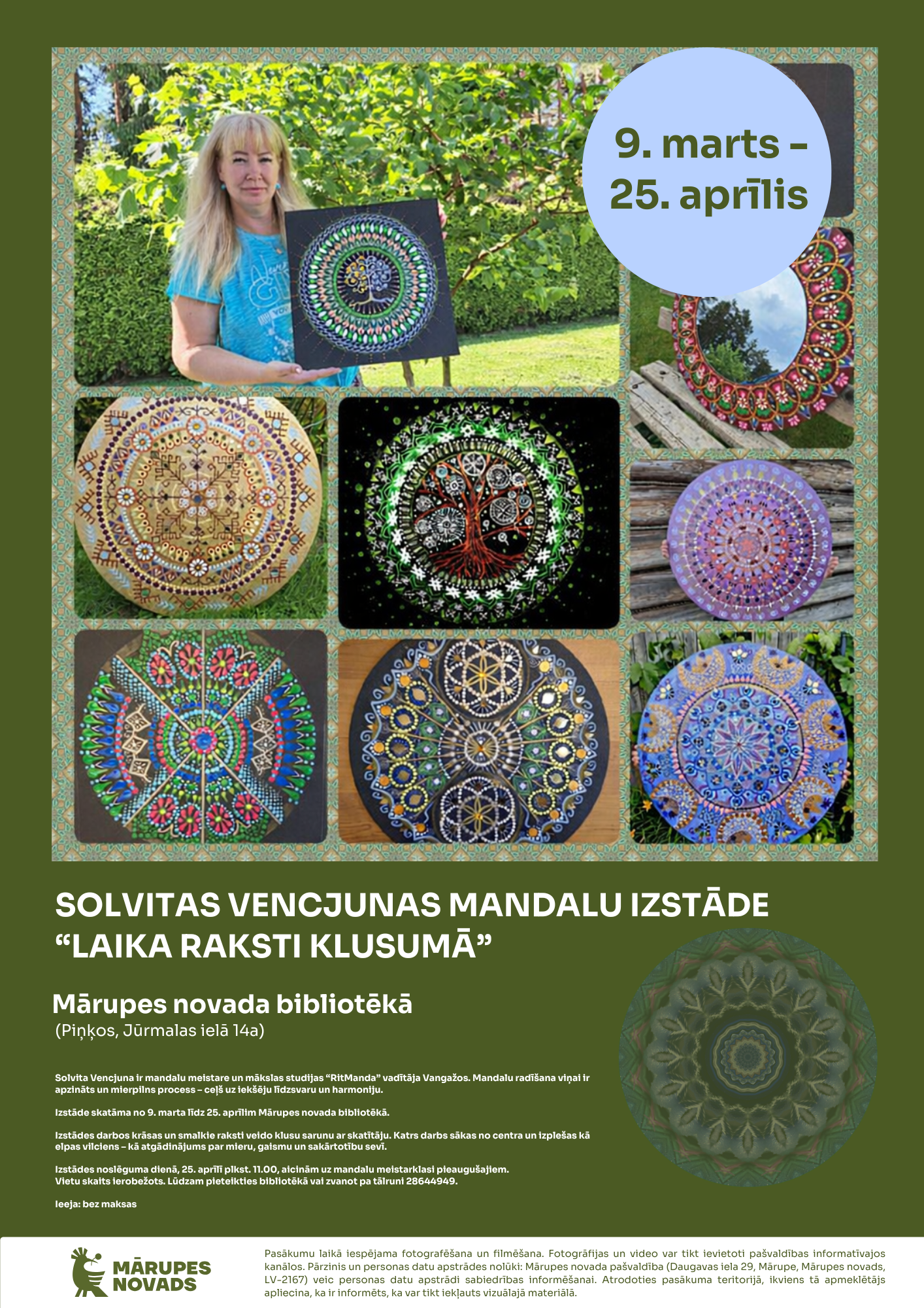 uz tumši zaļa fona krāsainas bildes ar mandalām