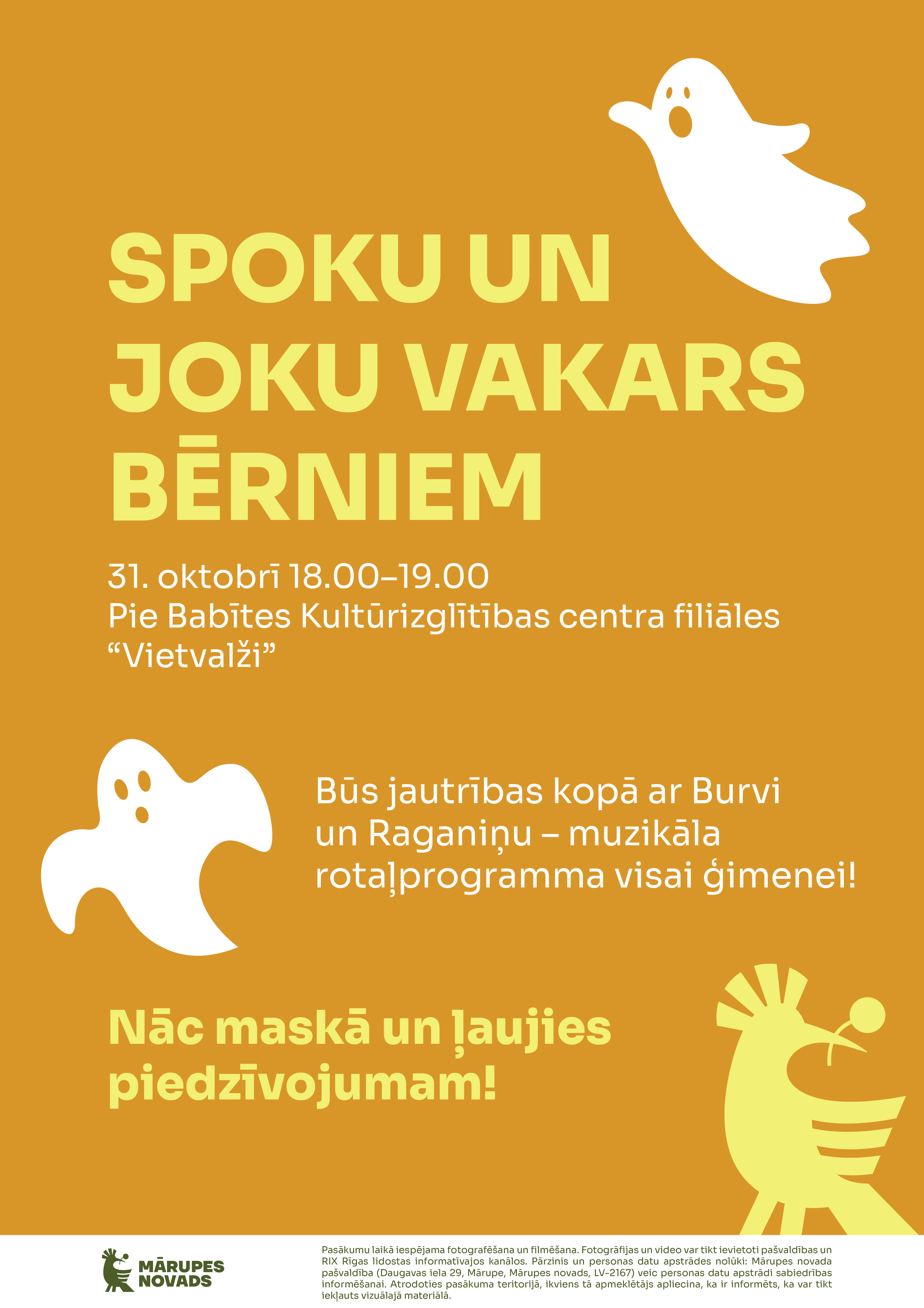 Koši dzeltens fons ar tekstu un baltiem grafikas elementiem