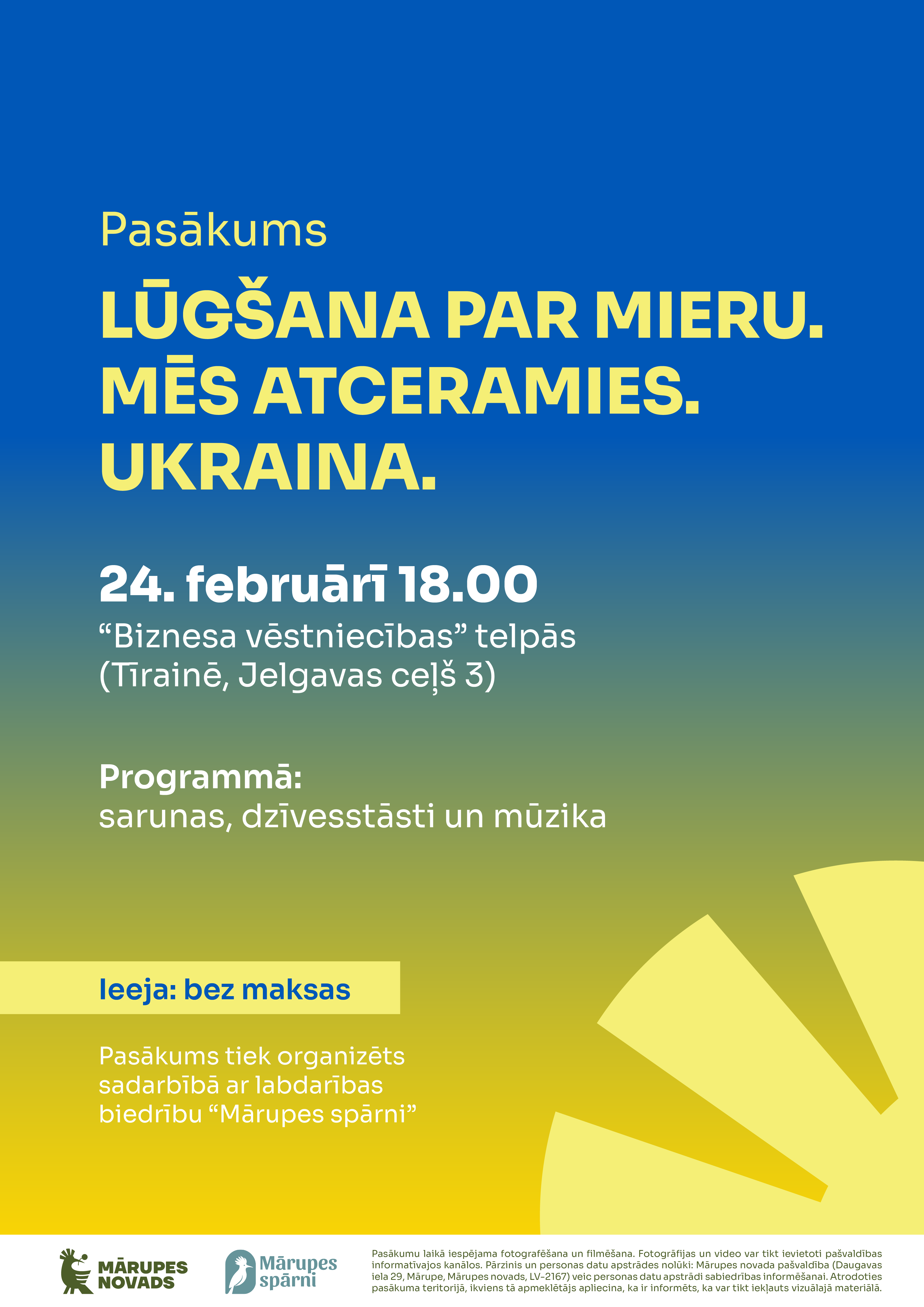 zili dzeltens fons ar teksta grafiku par atbalsta pasākumu ukraiņiem