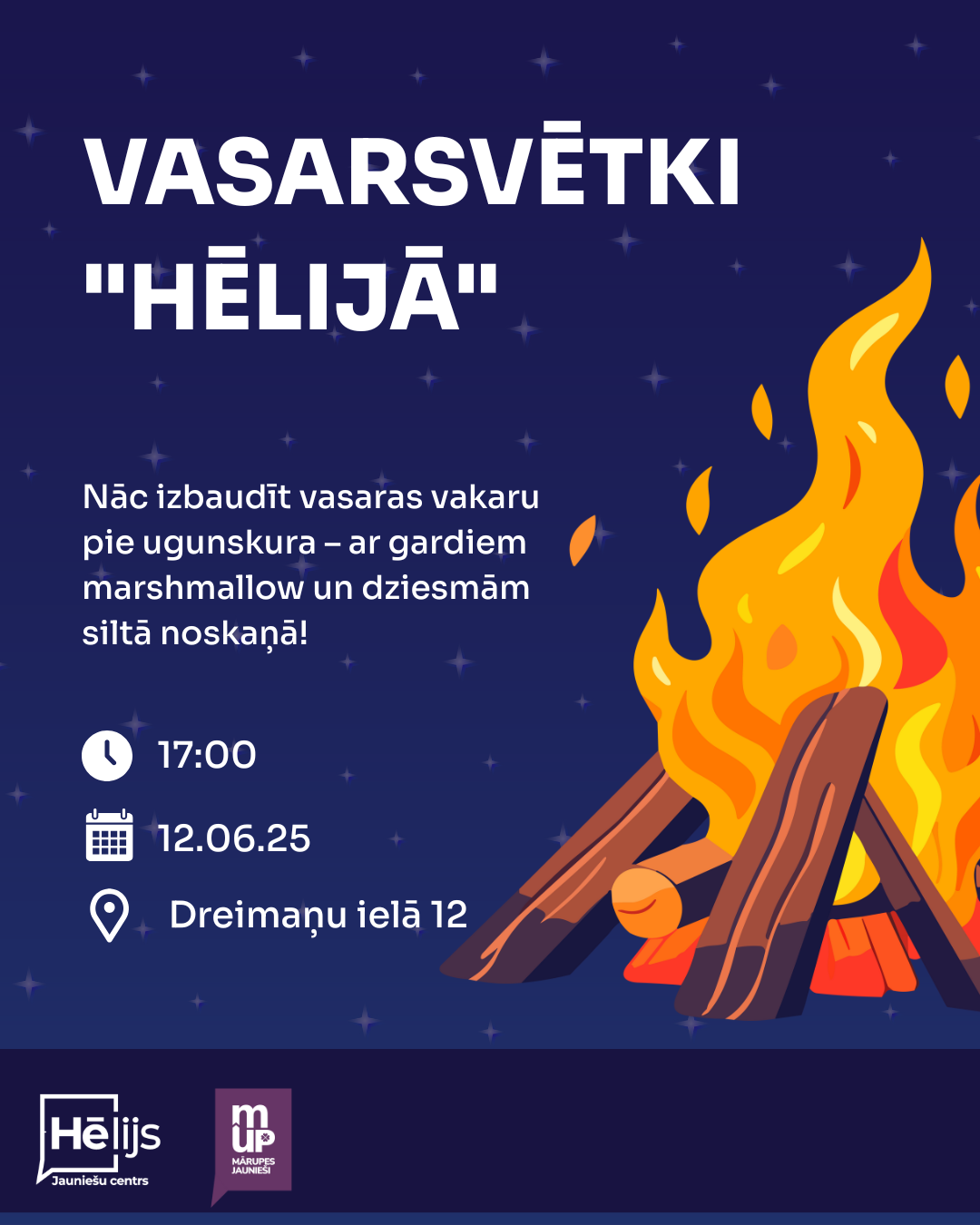 Violeti krāsains fons ar grafiskiem elementiem un tekstu par pasākumu jauniešiem