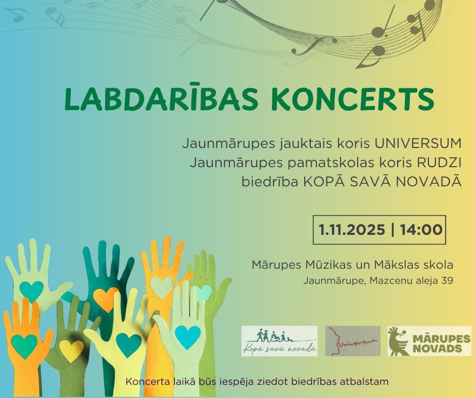 Zaļi dzeltens fons ar krāsainiem grafikas elementiem un tekstu par labdarības koncertu