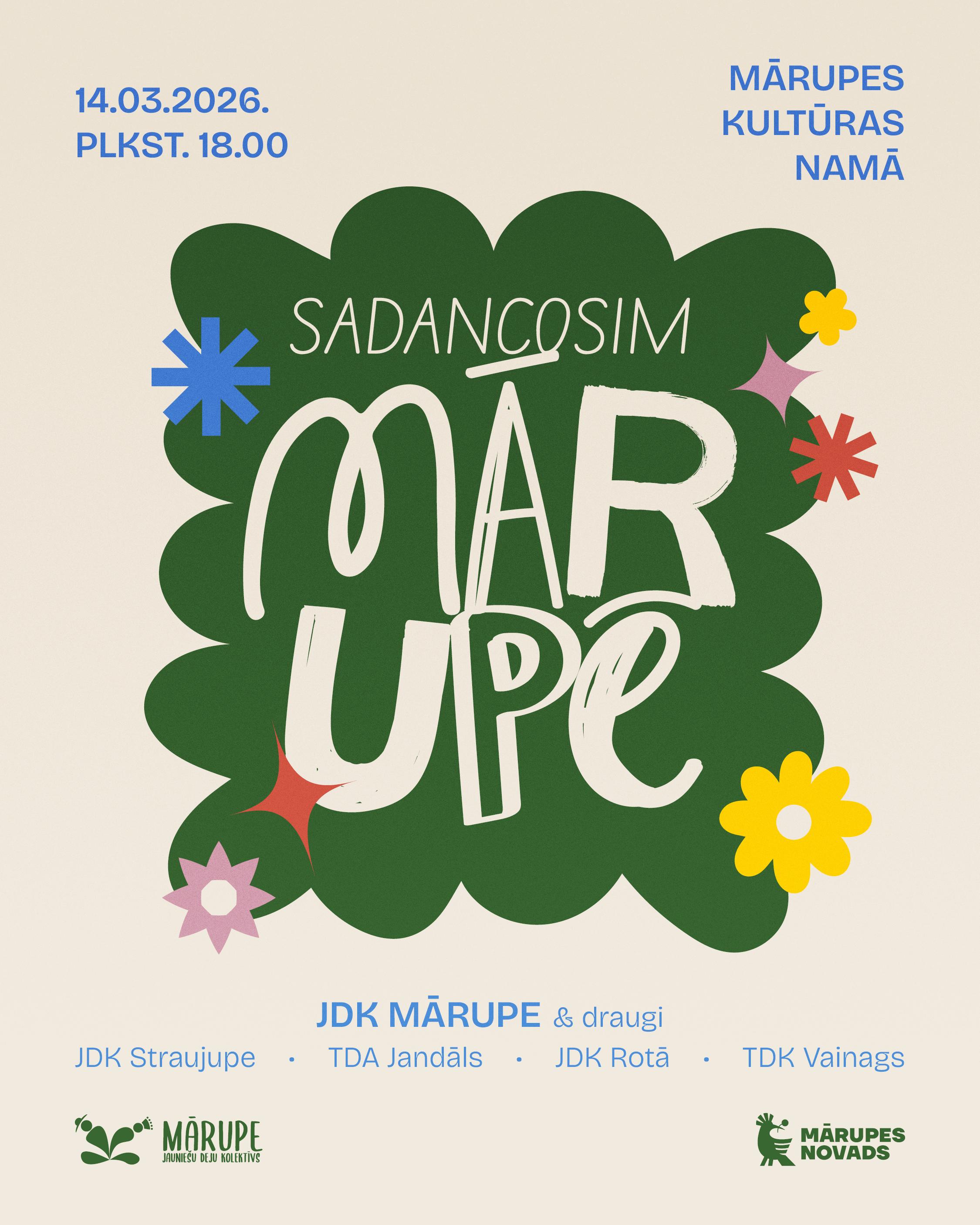 uz gaiša smilškrāsas fona, koši akcenti un informācija par deju koncertu