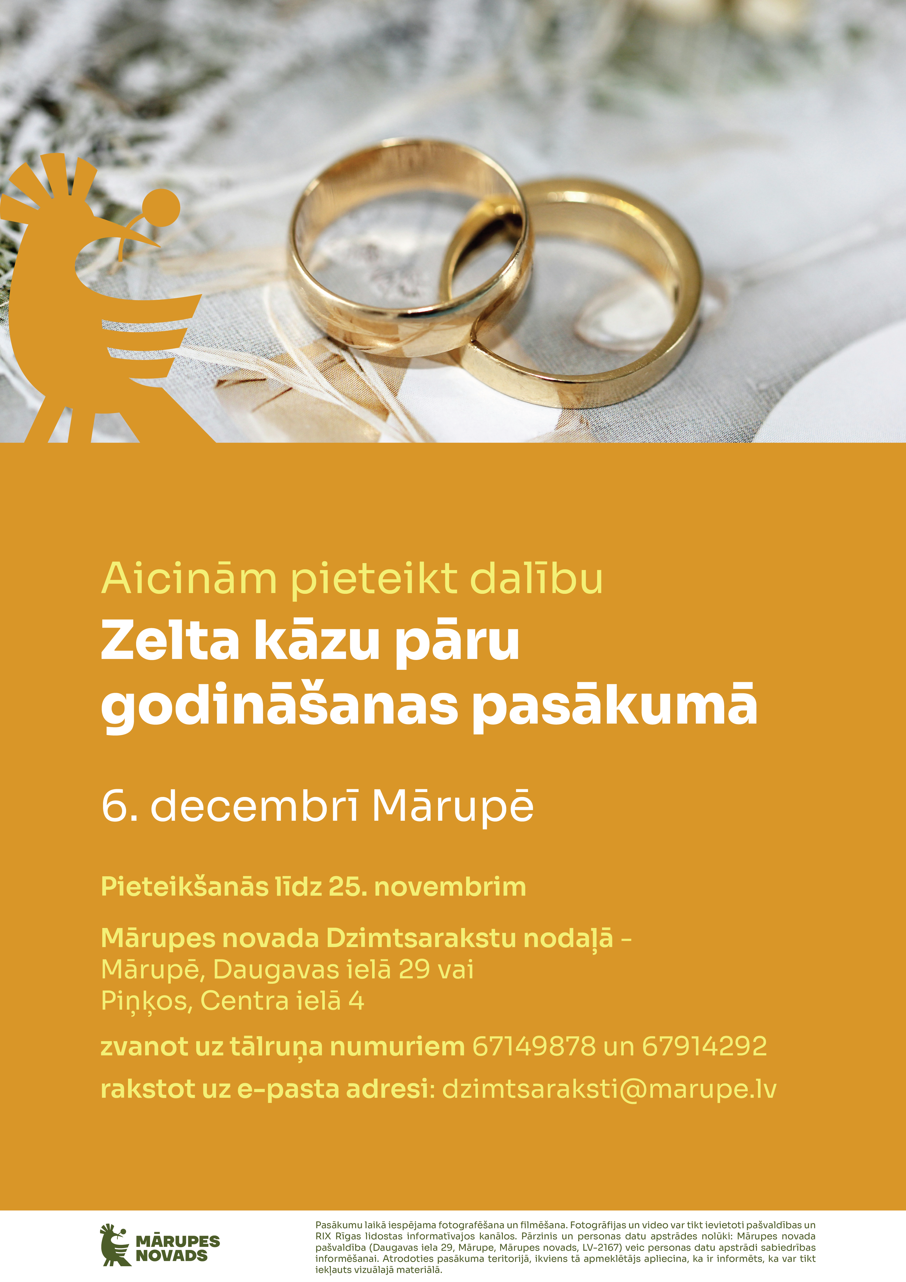 Koši dzeltens fons ar gredzenu foto un tekstu par pasākumu zelta kāzu pāriem
