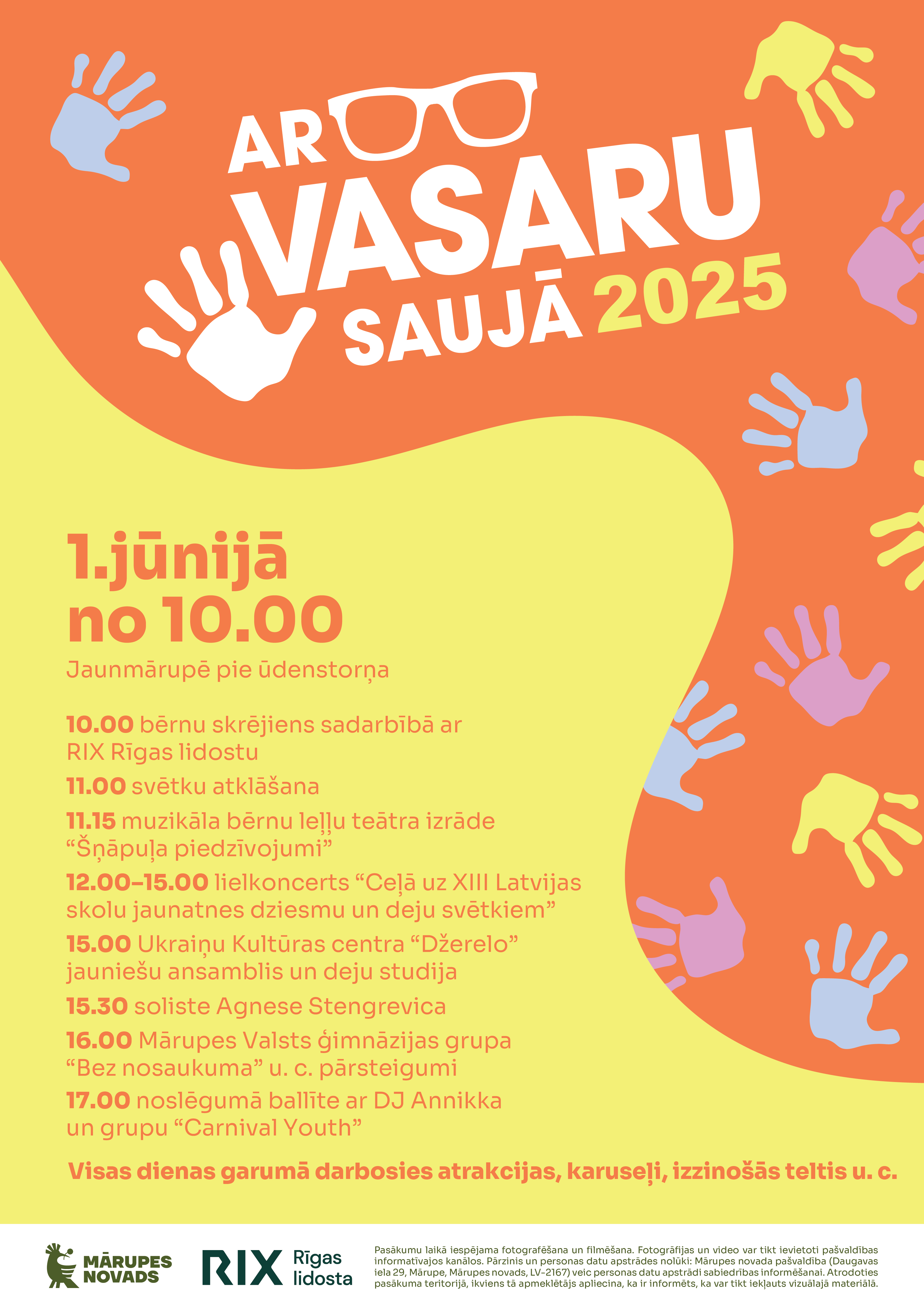 Koši oranžs un dzeltens fons ar krāsainu grafiku un tekstu par pasākumiem
