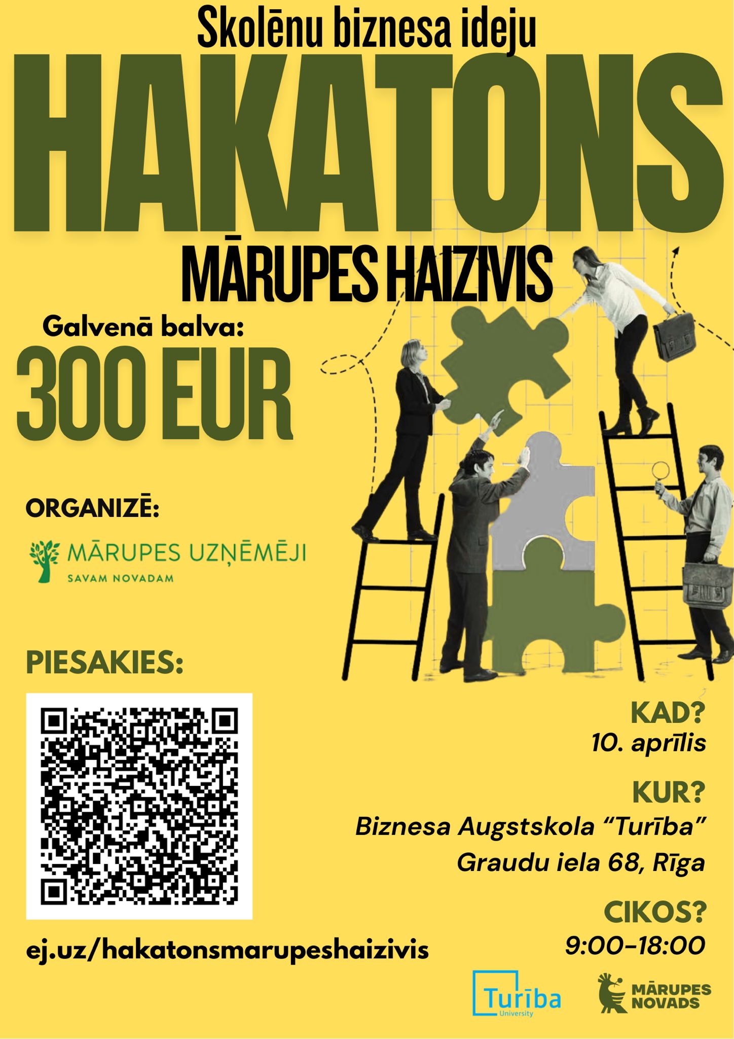 uz dzeltena fona ar tumši zaļiem burtiem informācija par hakatonu