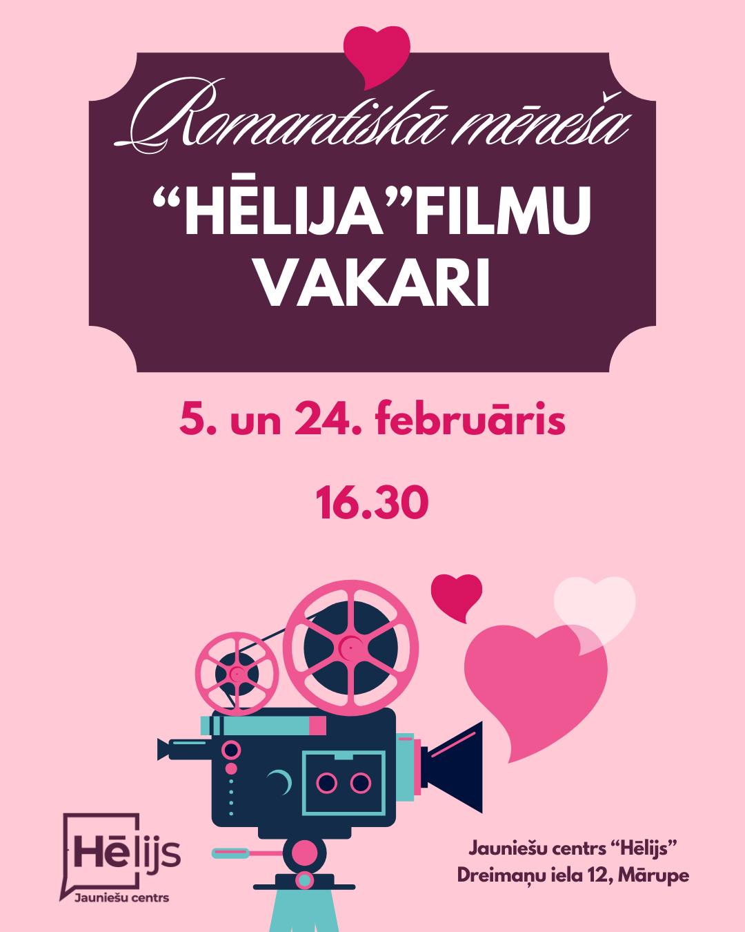 Koši rozā un sarkans fons ar tekstu par pasākumu jauniešiem