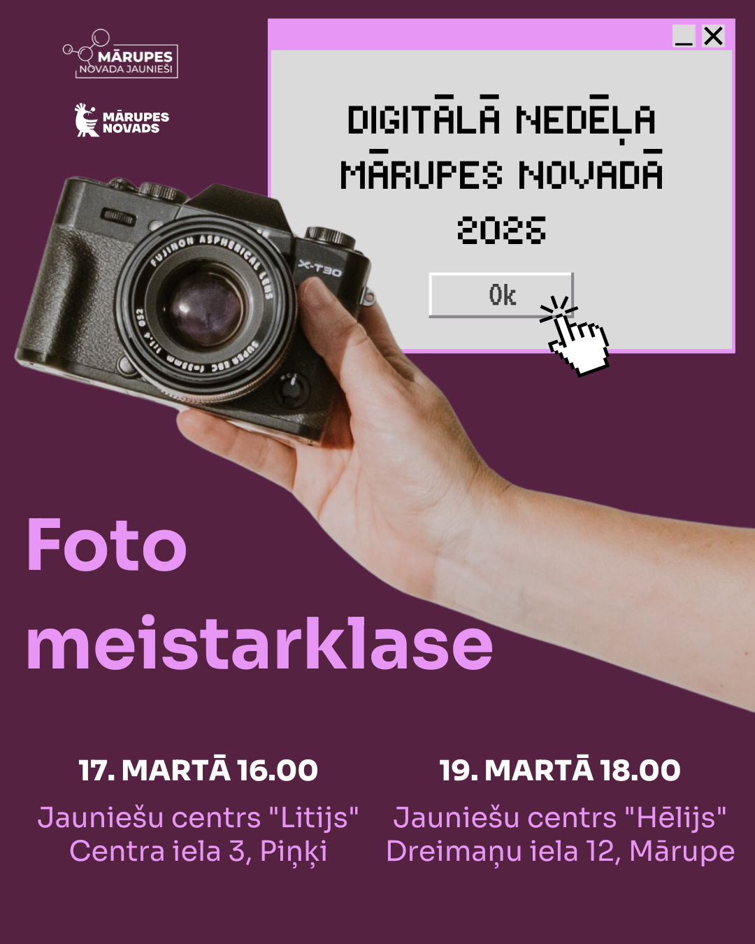 un rozīgi lillā fona info par meistarklasi un fotoaparāts