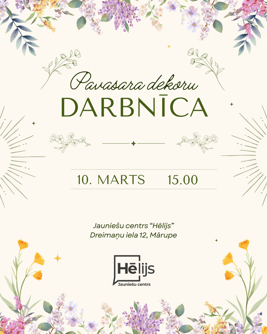 afiša pasteļtoņos ar ziedu dekoriem