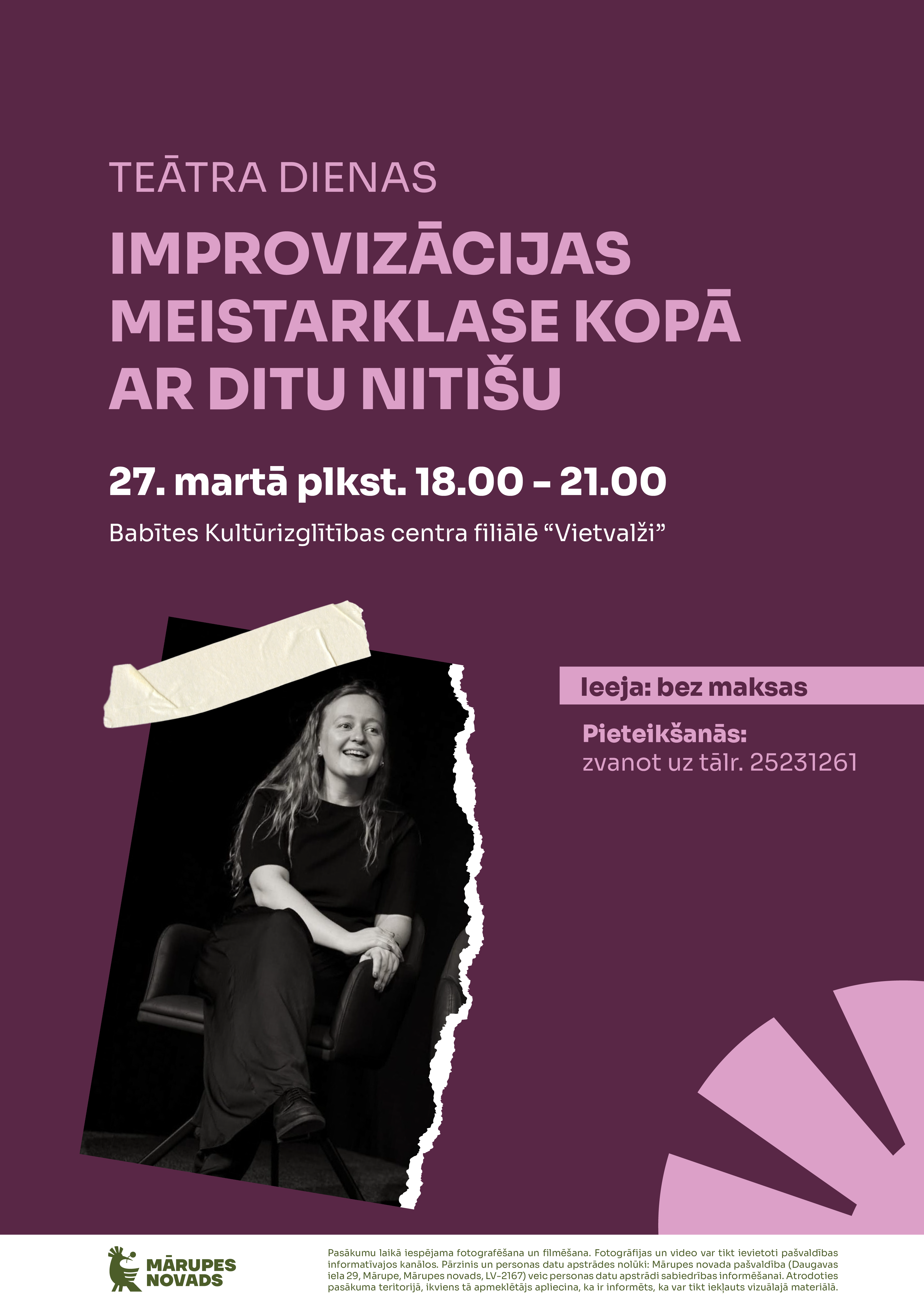 tumši rozā fons uz kura ir info par improvizāciju un sievietes bilde