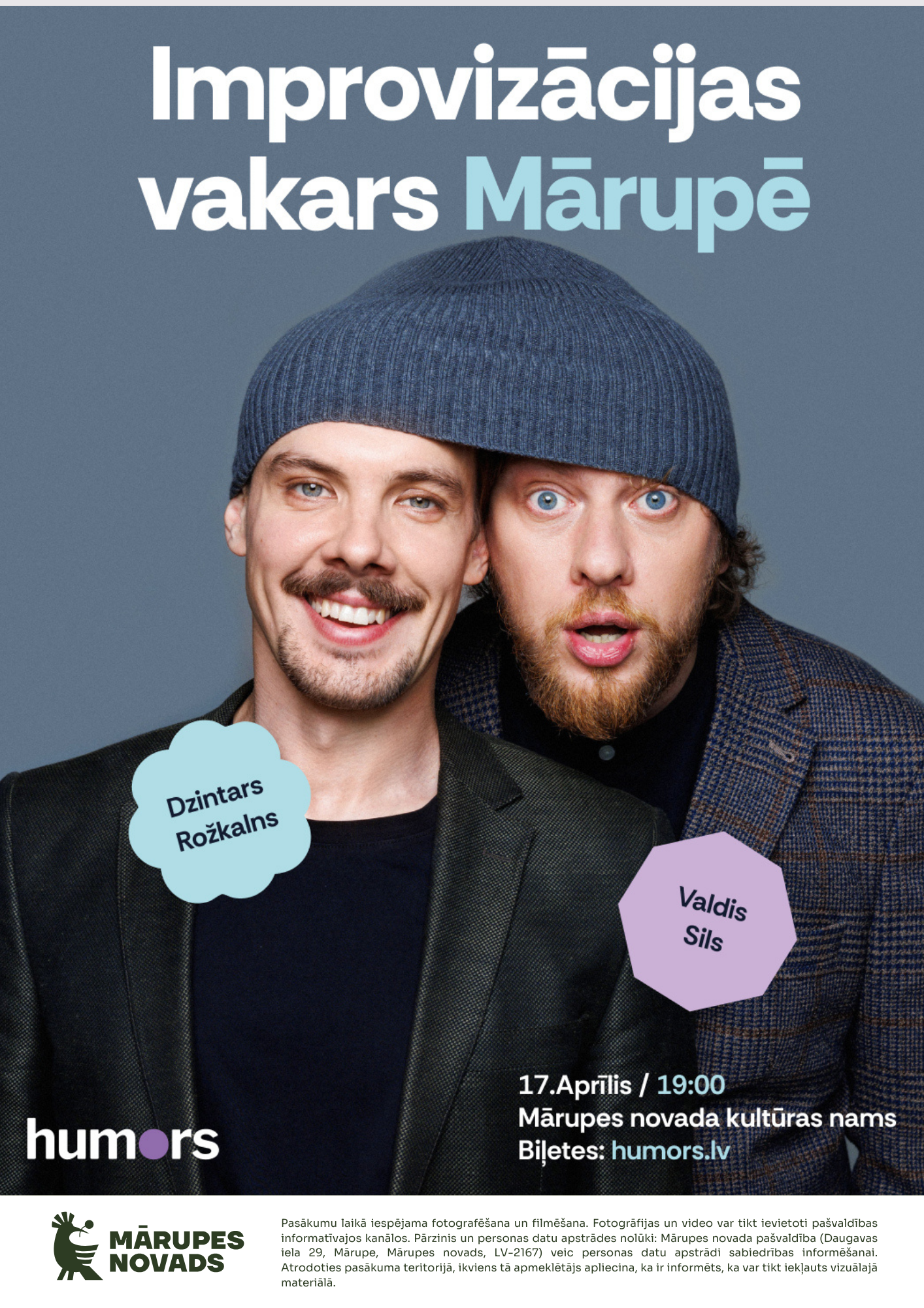 divi aktieri vienā cepurē un info par improvizācijas vakaru