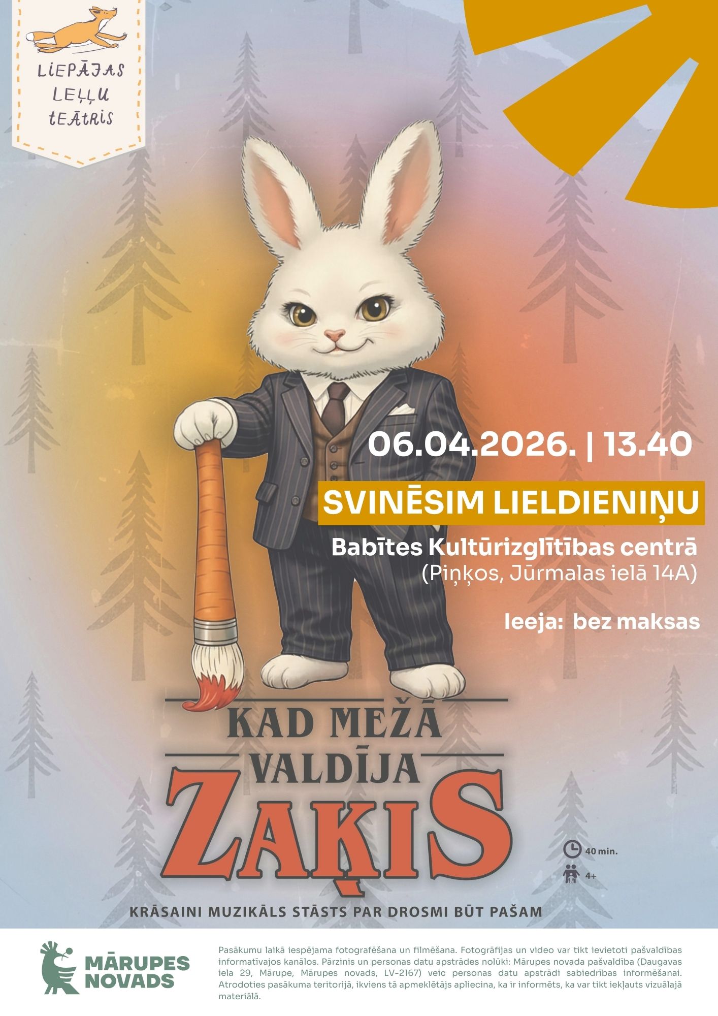 uz gaiša fona, zīmēts zaķis un info par leļļu teātra izrādi