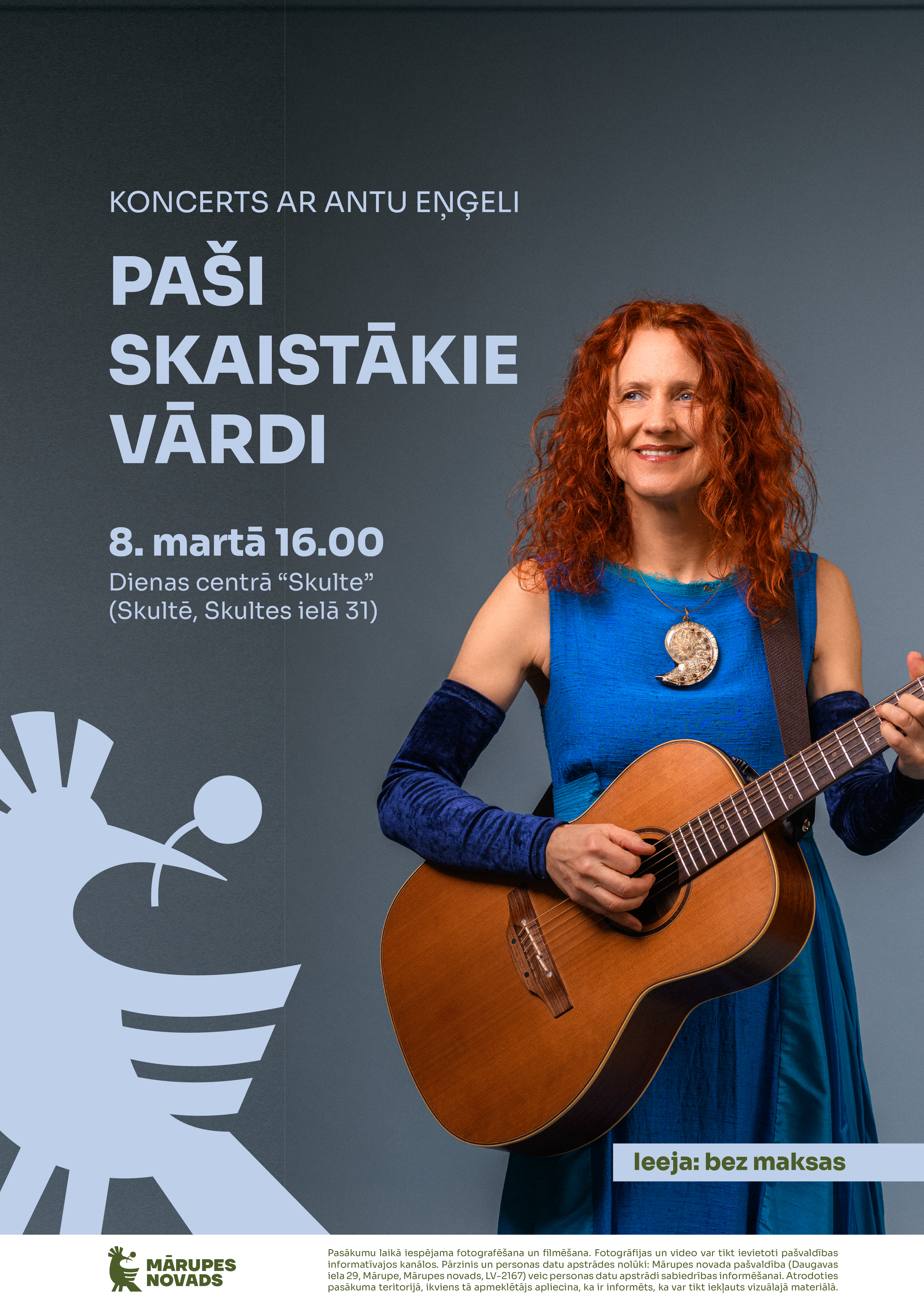 pelēks fons uz kura sieviete ar ģitāru un info par koncertu